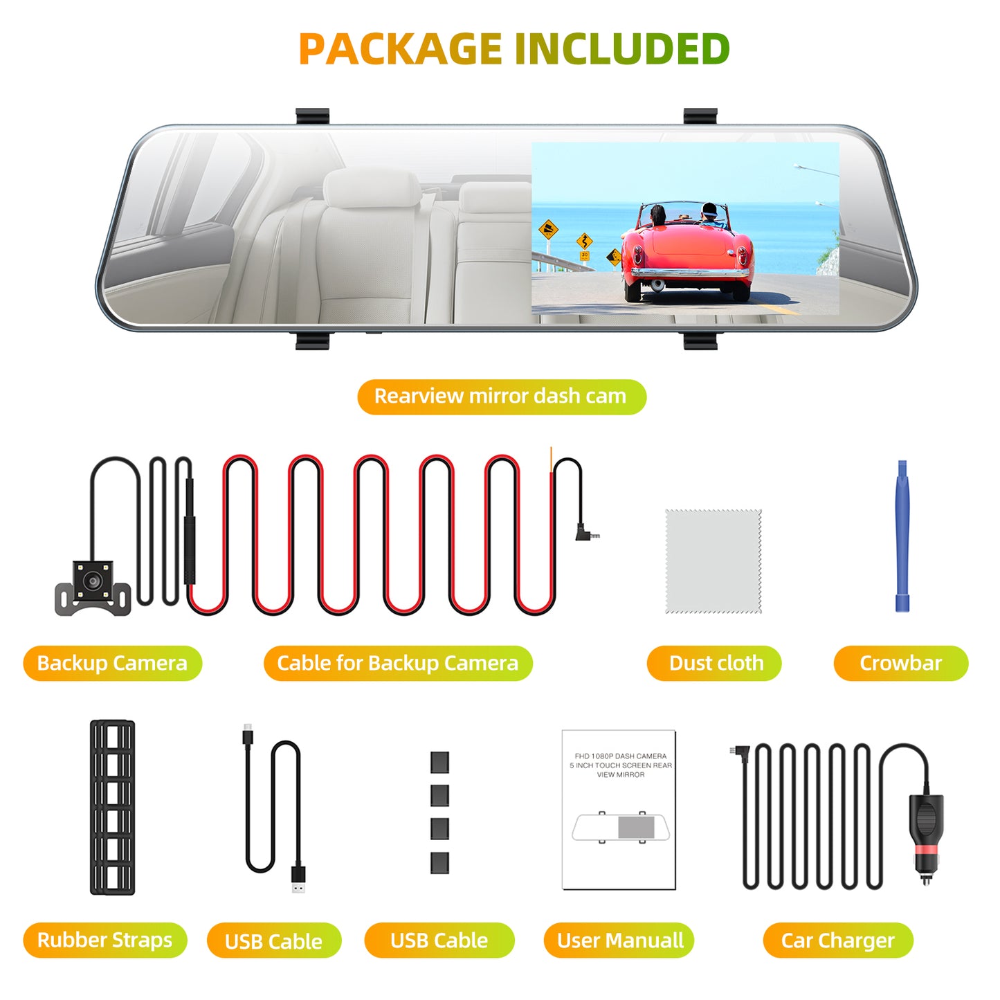 TOGUARD 5 Inch Mirror Dash Cam Front and Rear Car Mirror Camera