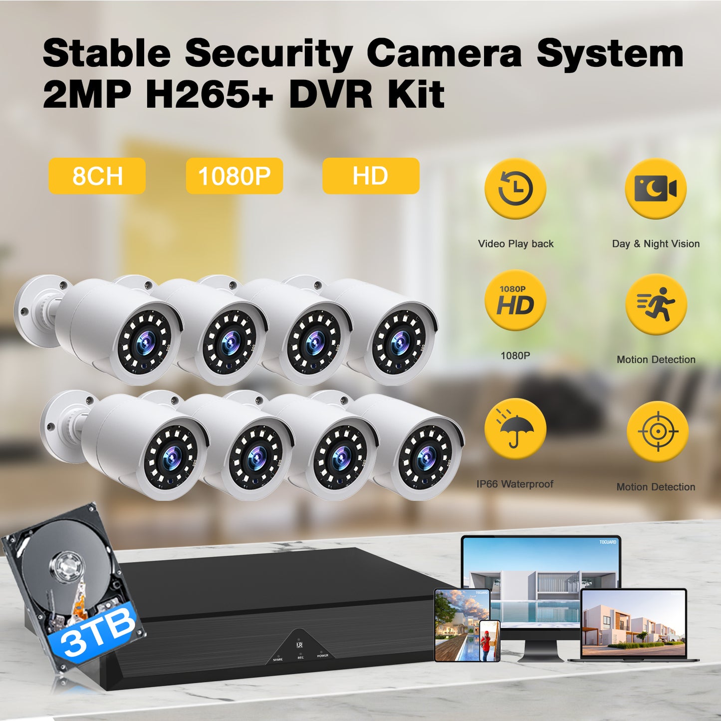 Toguard SC35 Système de caméra de sécurité CCTV 8 canaux extérieur avec disque dur 3 To 8 caméras de surveillance Bullet 1080P connecteur HDMI