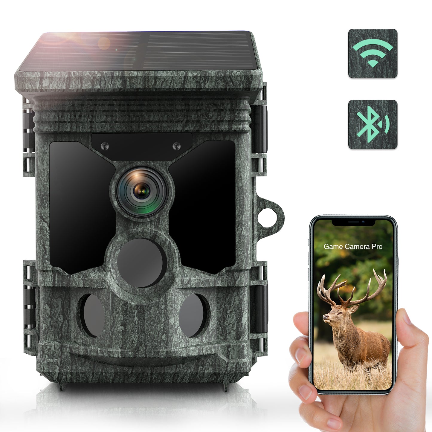 CAMPARK Trail Camera Solar Powered Native 4K 30fps 46MP Rechargeable WiFi Bluetooth Game Hunting Camera with 0.1s Trigger Time 3 PIR Sensor Night Vision Waterproof IP66 Loop Recording Deer Trail Cam