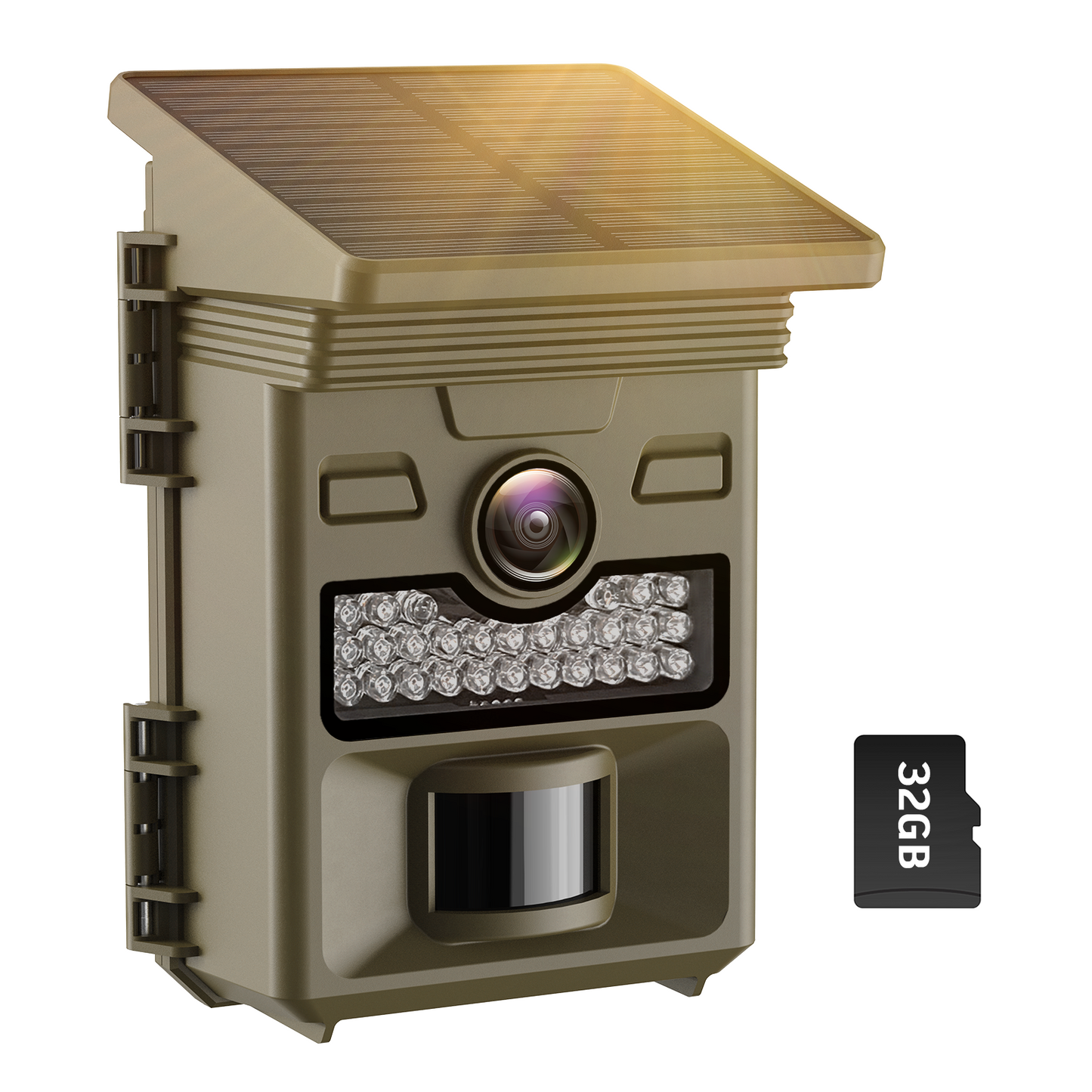 CAMPARK ソーラートレイルカメラ SDカード付き 32MP 1080P 鹿ゲームカメラ ナイトビジョン付き IP66 防水 0.1秒トリガータイム 120°広角ハンティングトレイルカメラ 野生動物監視 ホームセキュリティ