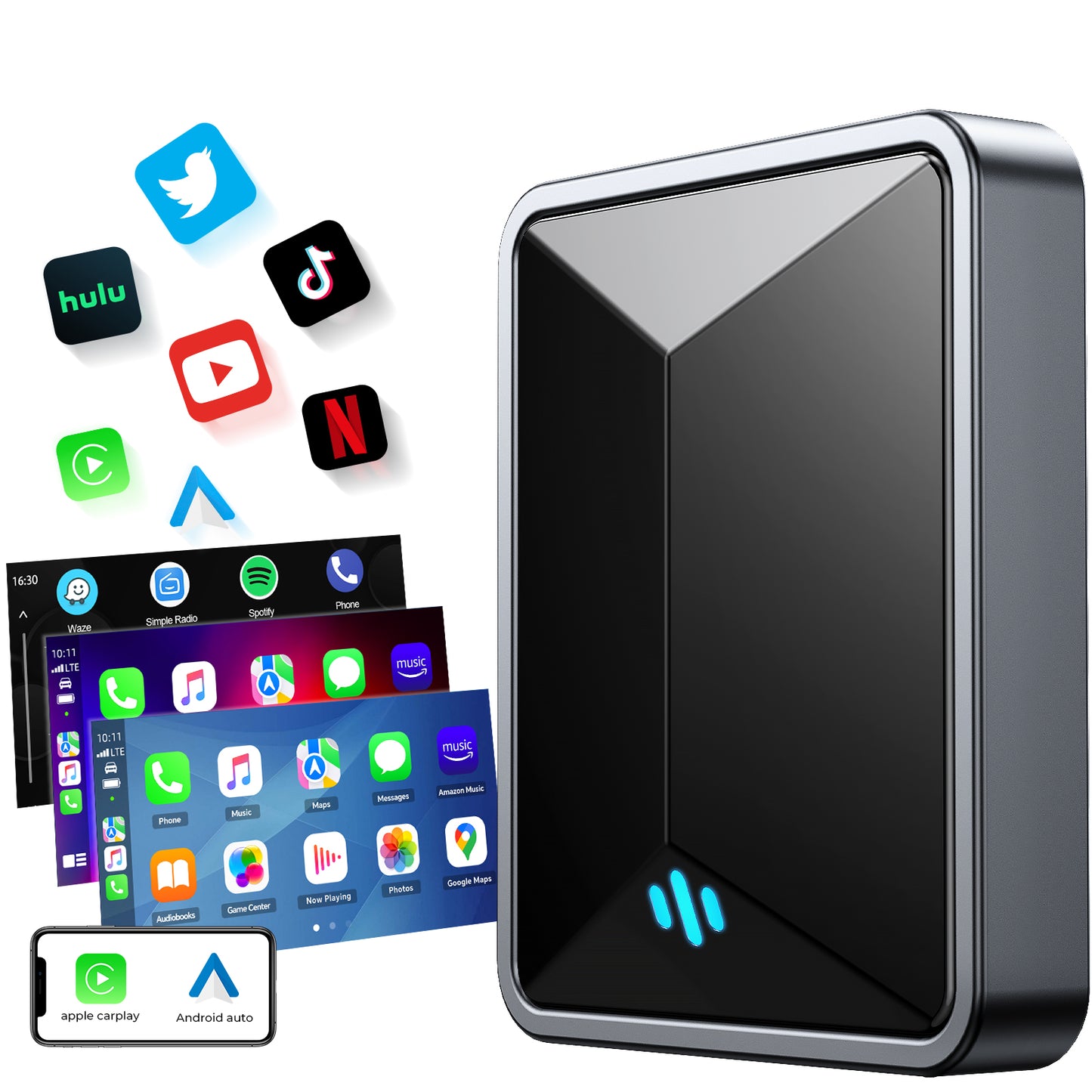 Lamtto 2 in 1 Wireless Carplay Adapter Android Auto Adapter Box, Converts Factory Wired CarPlay/Android Auto to Wireless for Cars from 2016, Type-C/USB, Plug & Play