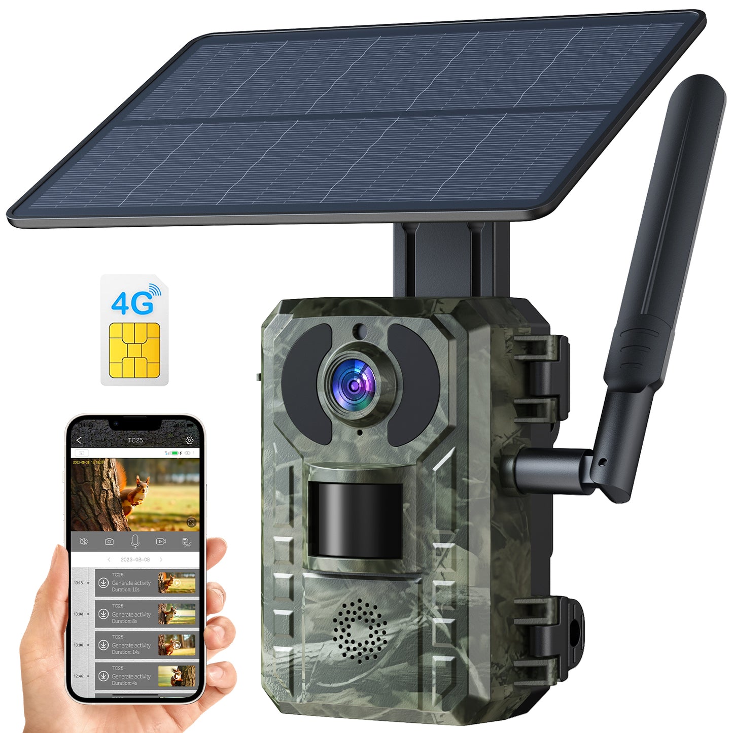 Caméra de chasse solaire cellulaire CAMPARK 4G, caméra de chasse 2,5K 14MP avec vue en direct et alertes de mouvement, vision nocturne sans lueur 940 nm et étanchéité IP66 pour la surveillance de la faune