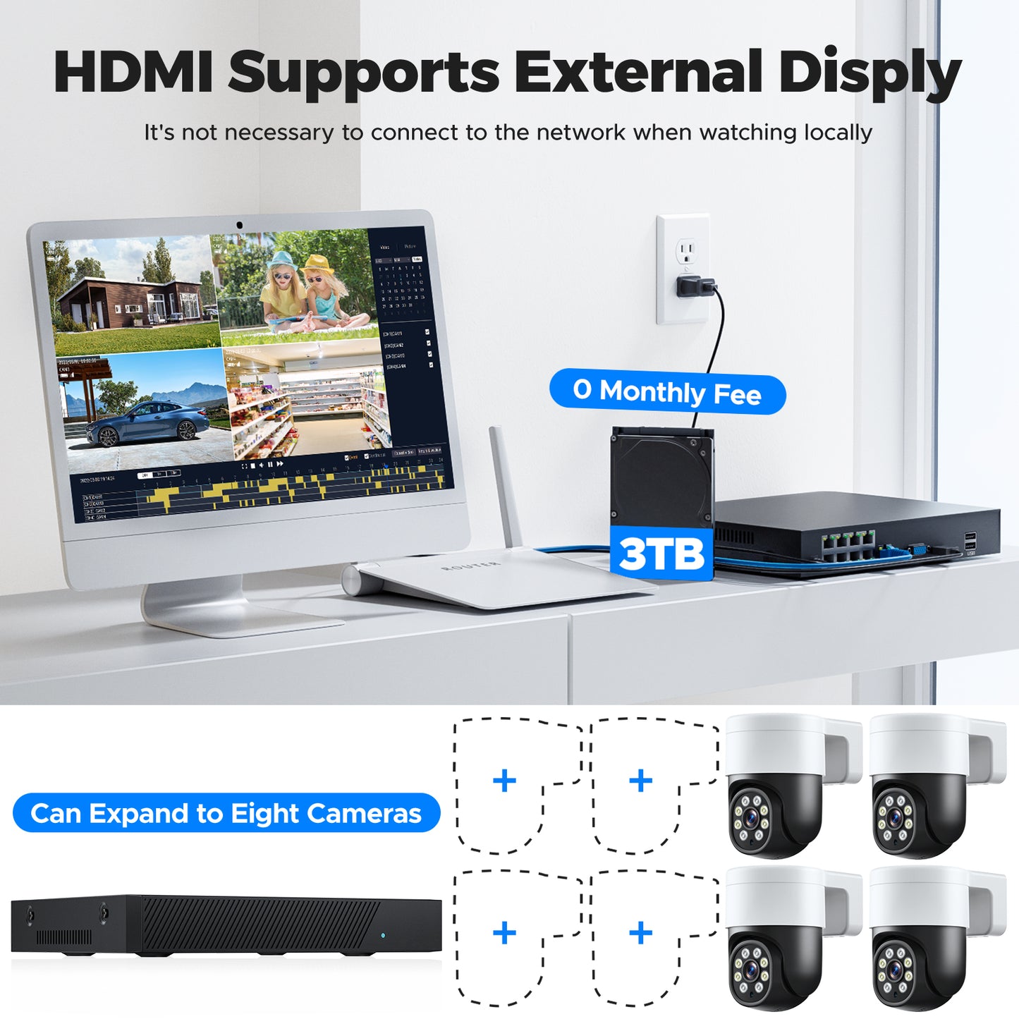 Système de caméra de sécurité POE TOGUARD SC46 4K/4MP+4MP extérieur avec 8 canaux CCTV NVR 4 caméras de surveillance dôme PTZ 4K/4MP+4MP Disque dur 3 To Connecteur HDMI