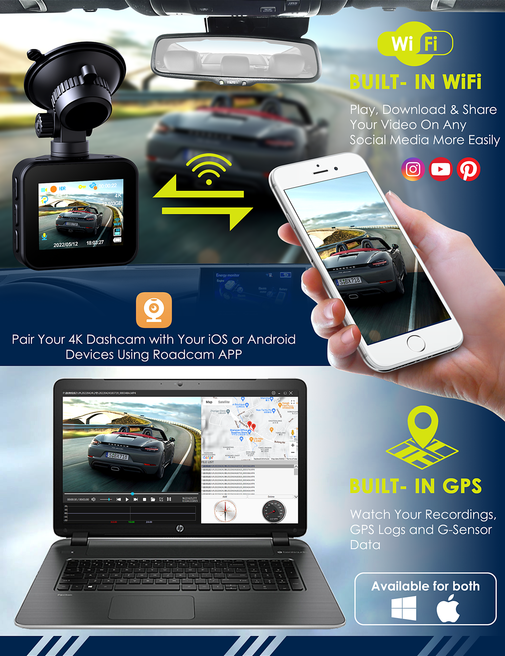 TOGUARD Dash Cam 4K WiFi 2160P Car Camera, Dash Camera for Cars, Mini Front Dash cam for Cars with Night Vision, Loop Recording, G-Sensor,24H Parking Monitor, Supercapacitor,Voice Prompt, APP