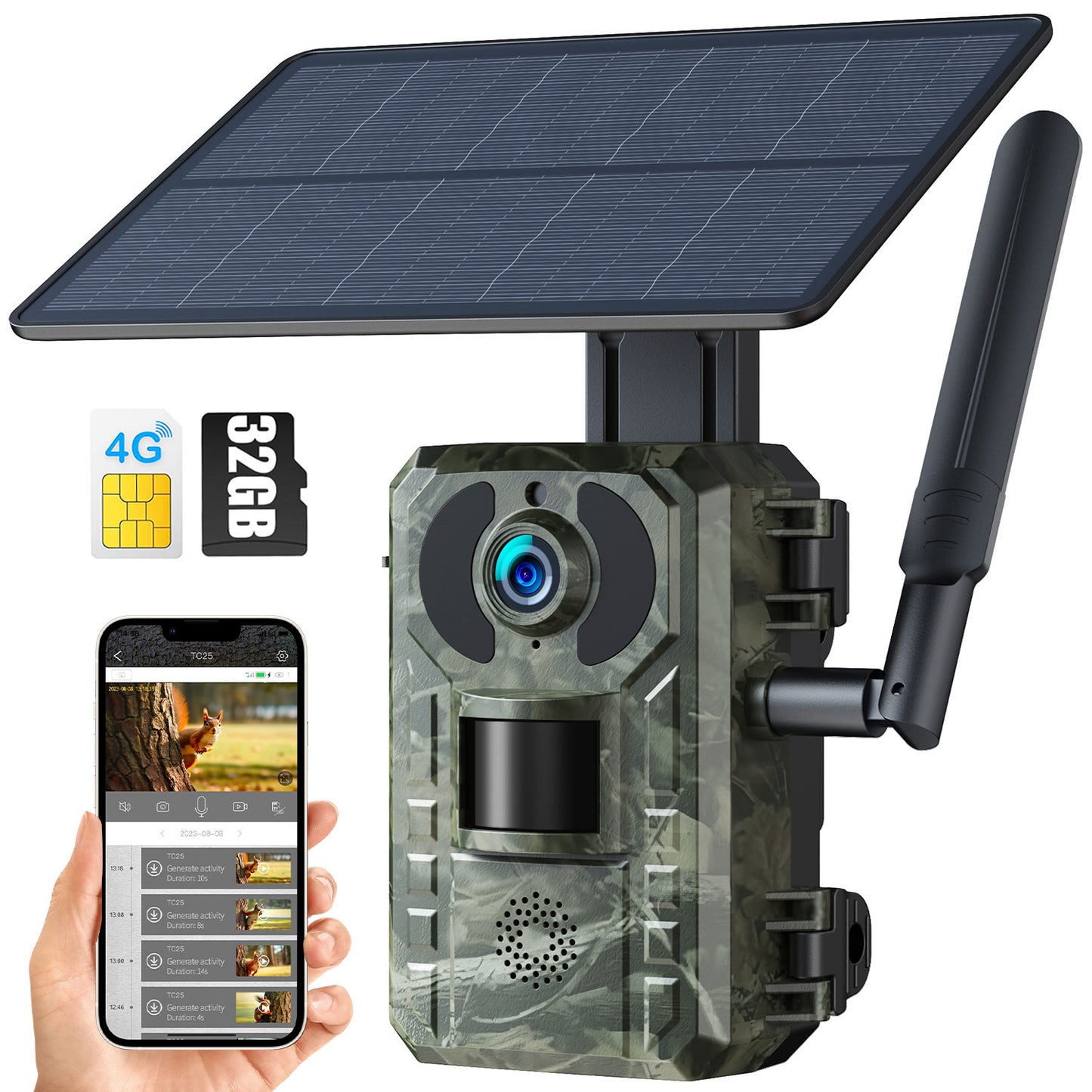 Caméra de chasse CAMPARK avec carte SD solaire cellulaire 4G, caméra de chasse 2,5K 14MP avec vue en direct et alertes de mouvement, vision nocturne sans lueur 940 nm et étanchéité IP66 pour la surveillance de la faune