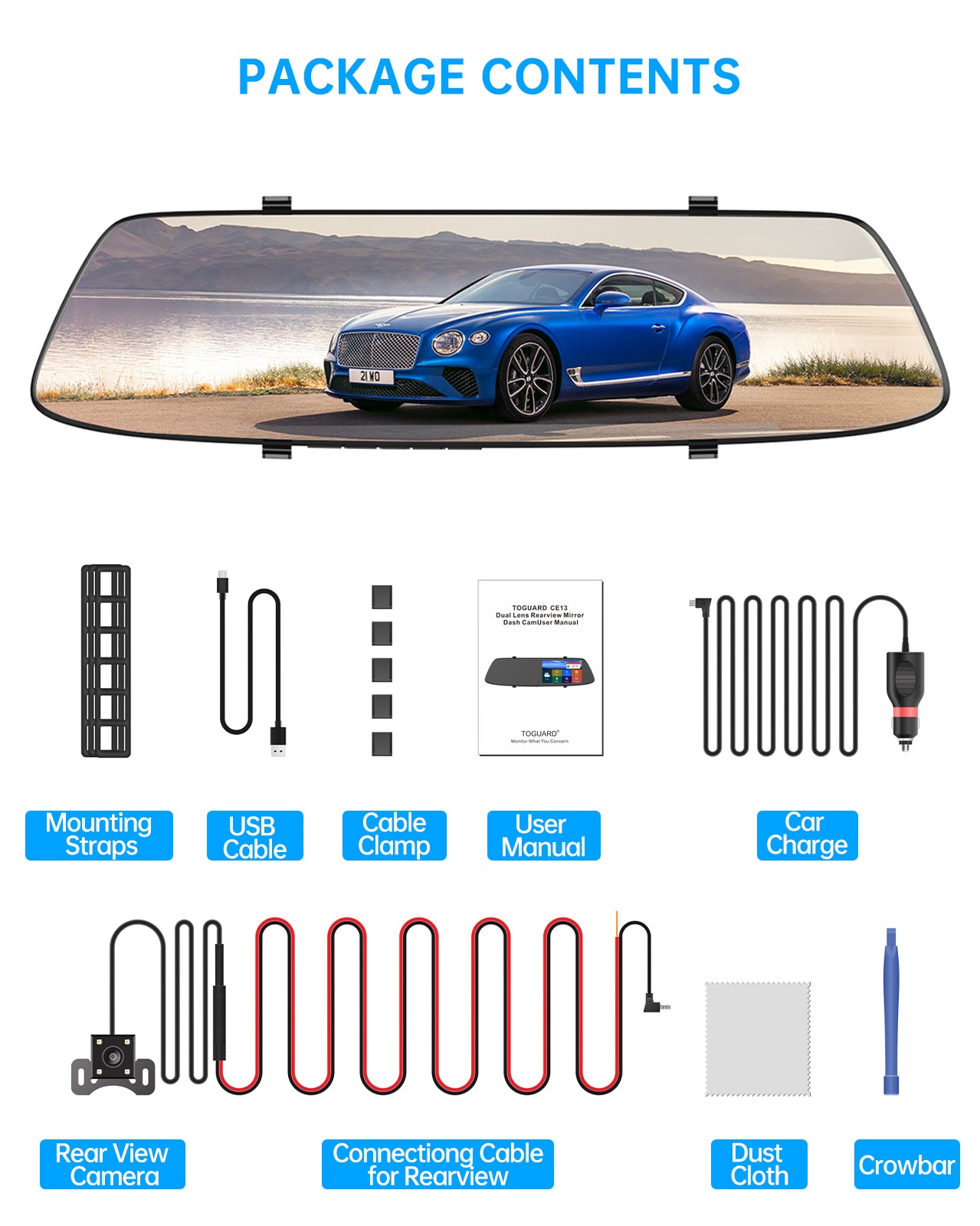 TOGUARD 720P デュアルダッシュカメラ フロント&リアアーム、4.3インチフルタッチスクリーン、リアビューミラーカメラ、ナイトビジョン、パーキングアシスト、ループ録画、Gセンサー