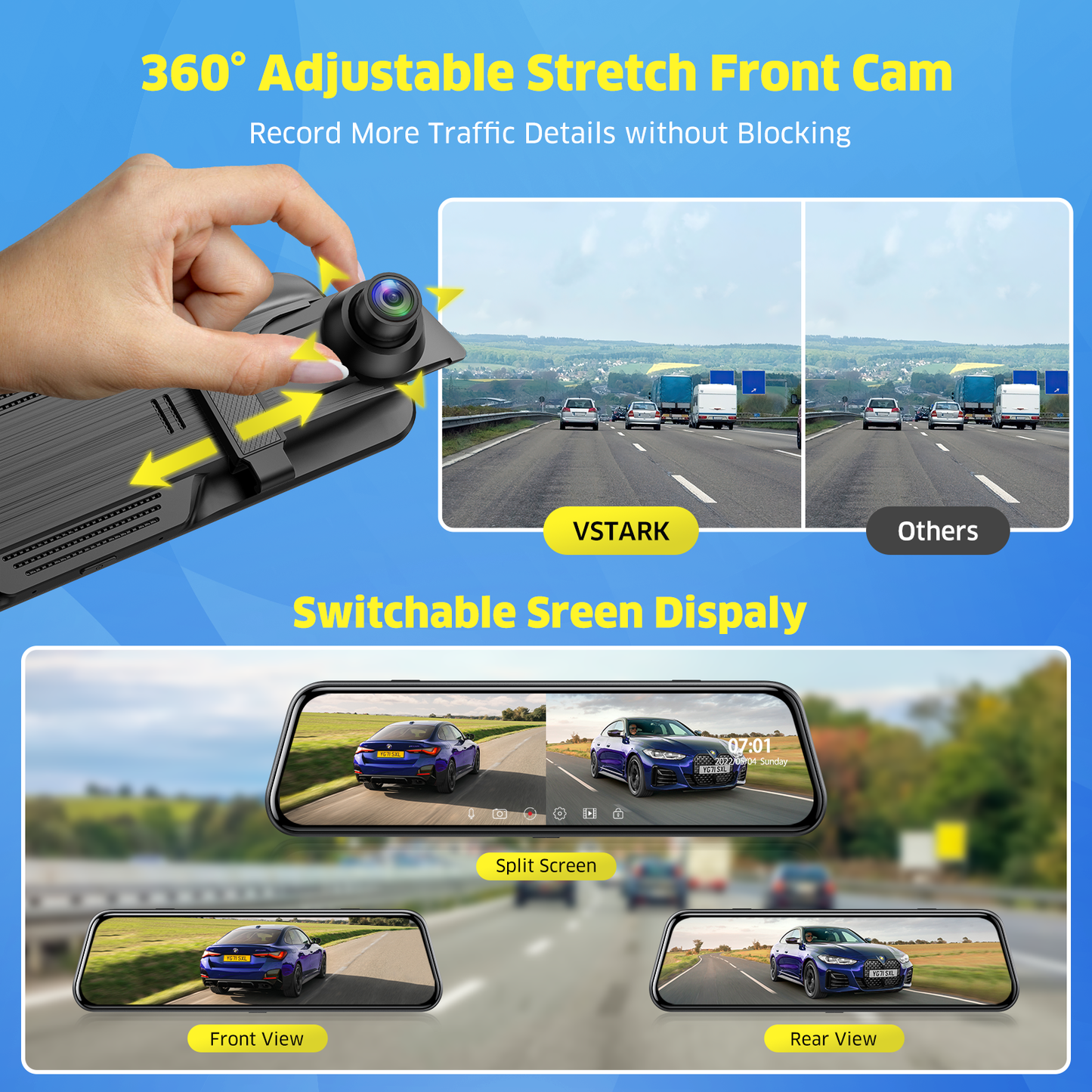 TOGUARD Backup Camera Rear View Mirror Camera, 10" Touch Screen 4K+1080P Front and Rear Dash Cam, with 64GB Memory Card, Parking Assist, Parking Monitoring, GPS