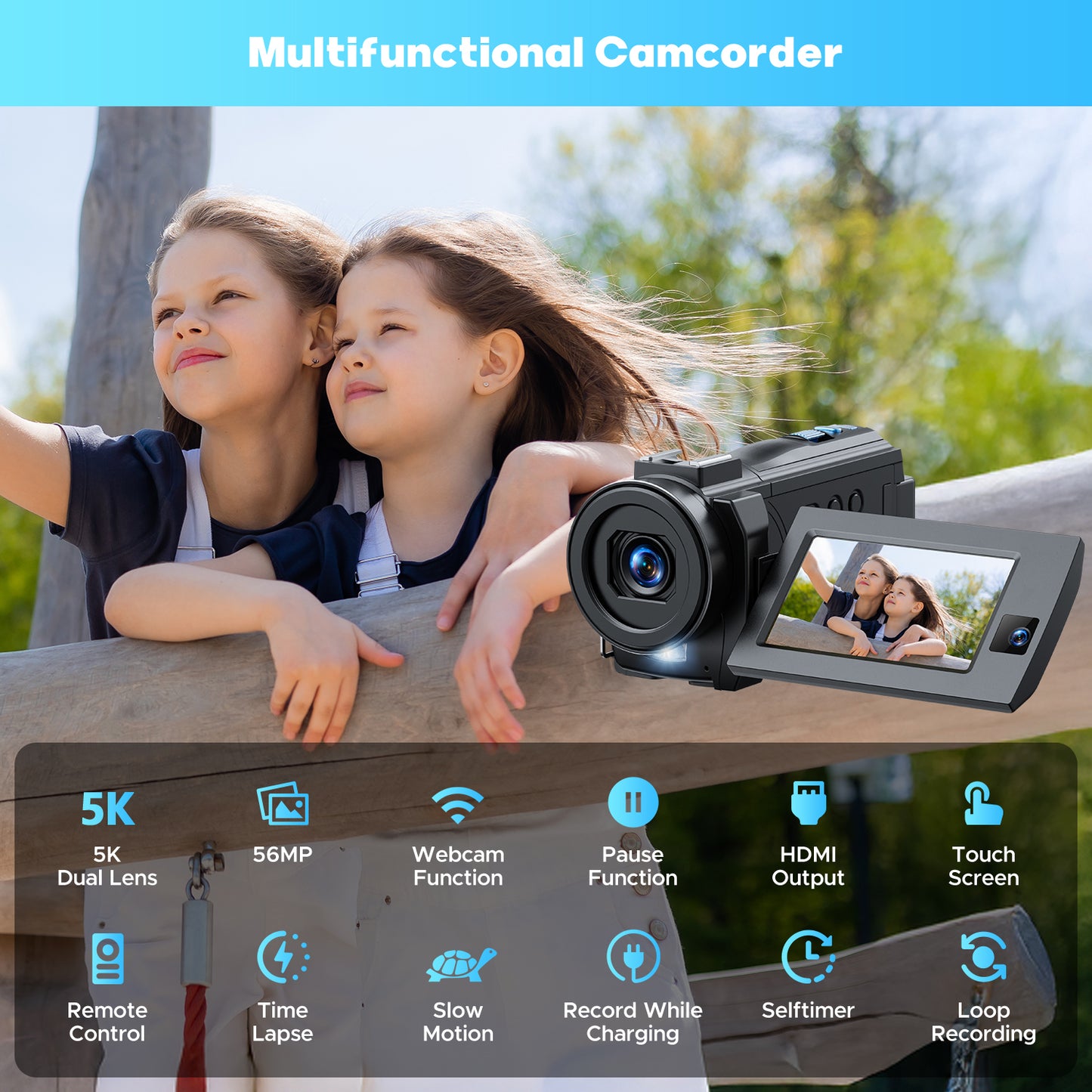 Campark Dual Lens 5K 25FPS Video Camera 56MP Photo 3" Touch Screen Digital Camcorder for Vlogging Youtube