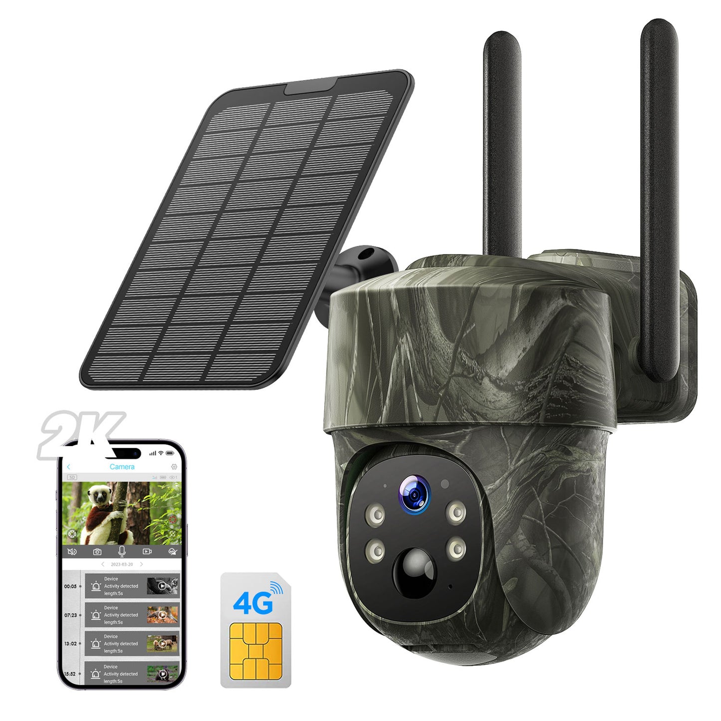 Caméra de surveillance cellulaire Campark 4G LTE solaire avec carte SIM, caméra de chasse extérieure sans fil sans Wi-Fi, caméra de sécurité de détection de mouvement étanche à vision nocturne PTZ HD 2K avec stockage en nuage
