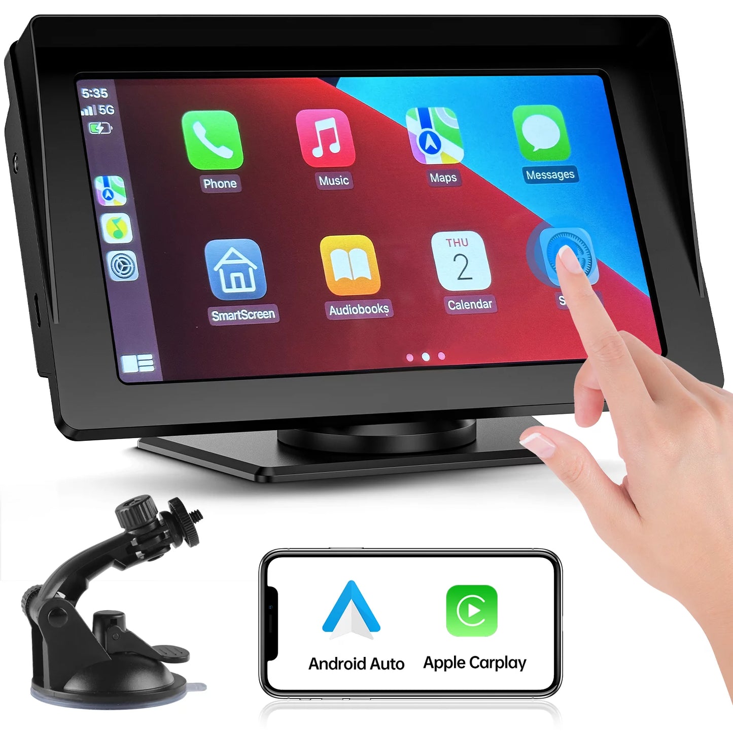 LAMTTO ポータブル 7 インチ ポータブル ワイヤレス カーステレオ、Apple Carplay、1080P バックカメラ、HD タッチスクリーン GPS ナビゲーション カービデオ、Airplay、Android Auto、Bluetooth、FM、Siri 付きカーオーディオレシーバー