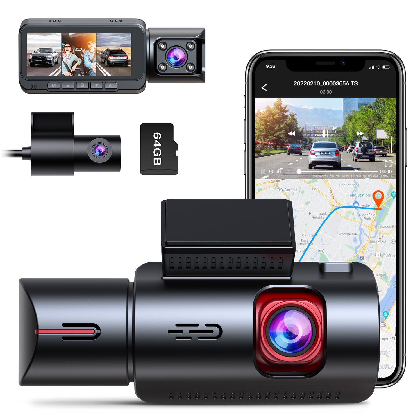 WiFi 3 Channel Dash Cam 2K+1080P+1080P@30fps with GPS Speed, 4K Dual Dashcam Front and Inside, Triple Car Dash Camera with Type C Port, WDR, IR Night Vision, 170° Wide Angle, 24hr Parking Monitor