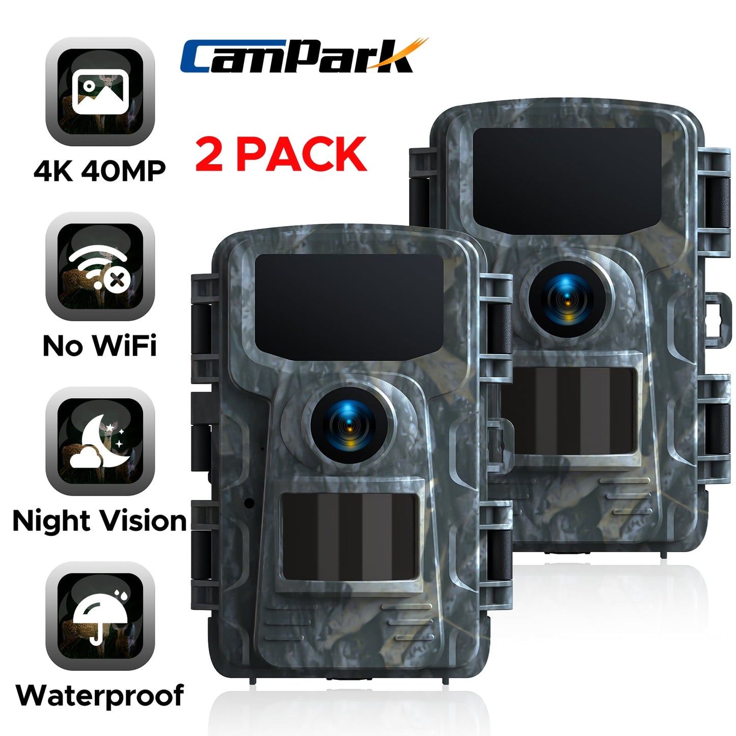 CAMPARK 2 Pack Trail Camera 4K 40MP Game Deer Hunting Camera with Night Vision Waterproof IP66 0.1s Trigger Time Latest Sensor Motion Time-Lapse 120° Wide Angle Trail Cam for Wildlife Monitor