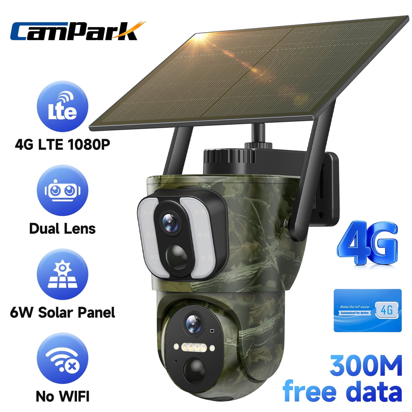 CAMPARK 4G LTE Cellular Trail Camera Dual Len Wireless 1080P Pan Tilt Solar Powered Hunting Game Camera Color Night Vision 360° Full View Waterproof IP66 Motion Alert for Outdoor Wildlife Monitoring