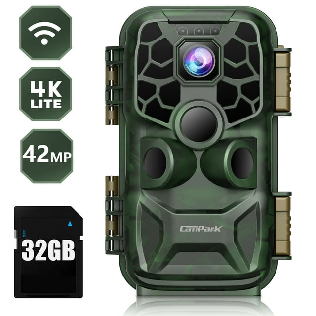 CAMPARK 4K WiFi Trail Camera with SD Card Deer Hunting Game Camera Bluetooth 42MP Trail Cam with 3PIR Night Vision Waterproof 65FT Triggering Distance for Wildlife Monitoring