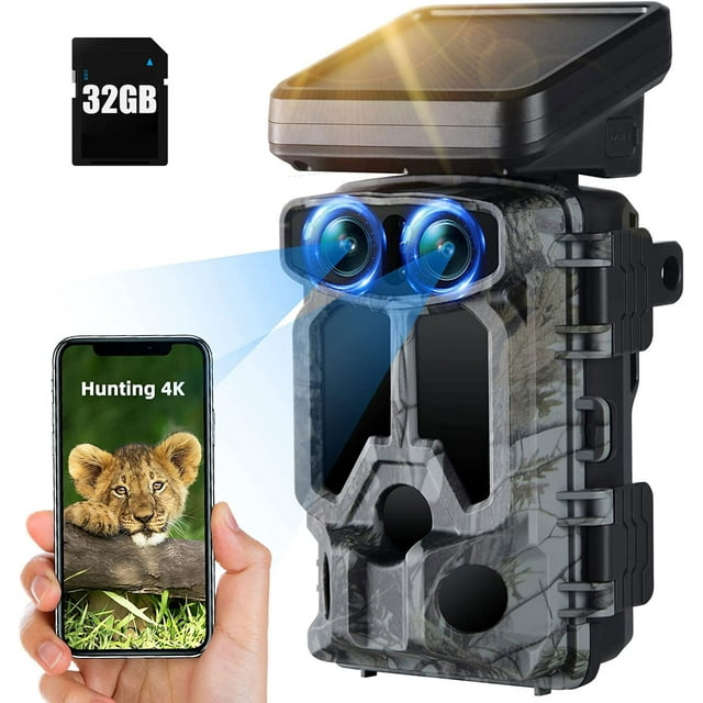 CAMPARK ソーラーパワー トレイルカメラ SDカード付き WiFi 60MP 4K UHD デュアルレンズ ゲームカメラ Sony IMX458 センサー付き 0.1秒モーションアクティベート ナイトビジョン 防水 狩猟 トレイルカメラ 野生動物監視用