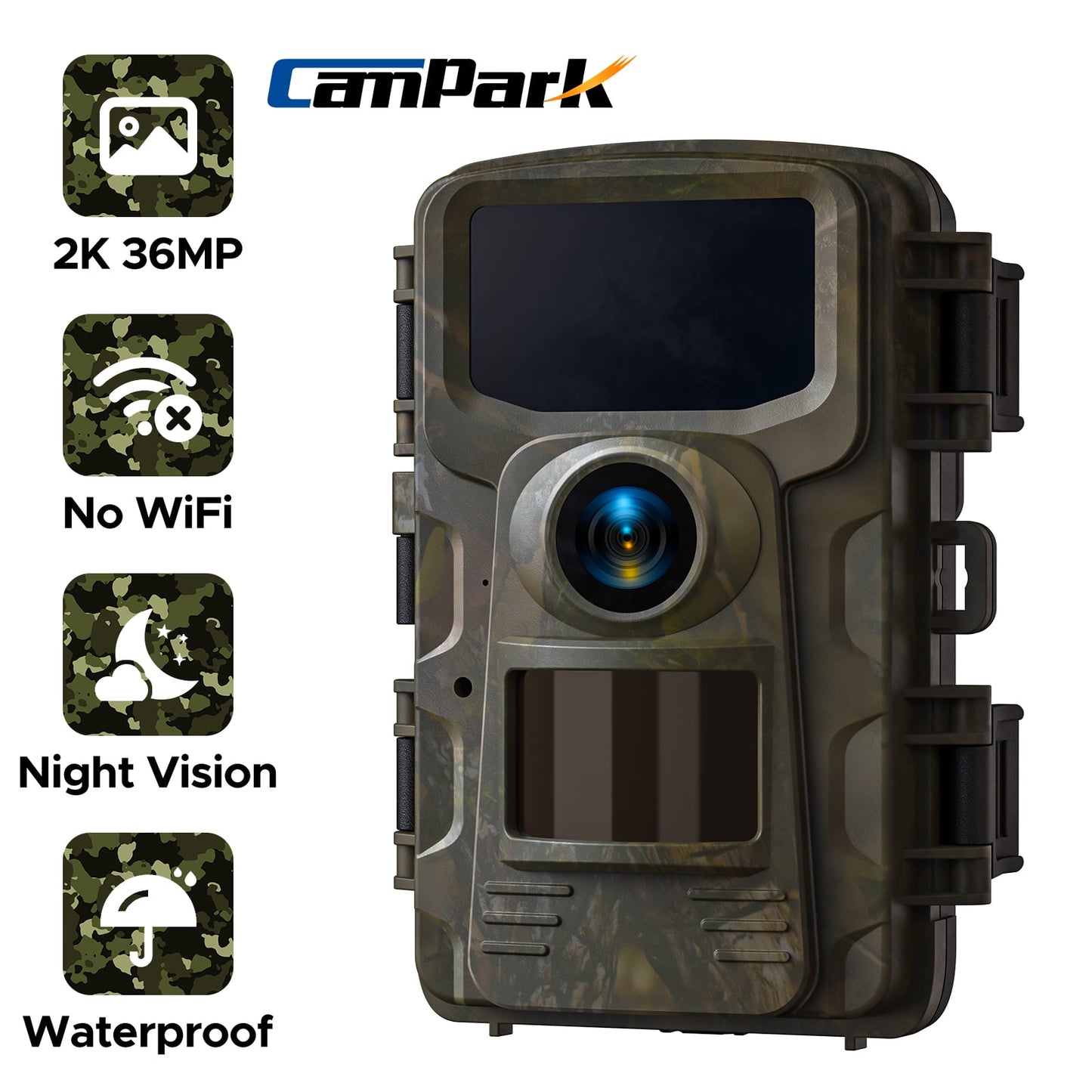CAMPARK Trail Camera 2K 36MP Game Camera with Infrared Night Vision Waterproof 65FT Motion Activated Wildlife Scouting Hunting Deer Trail Cam with 120° Wide Angle Lens 2.0"LCD