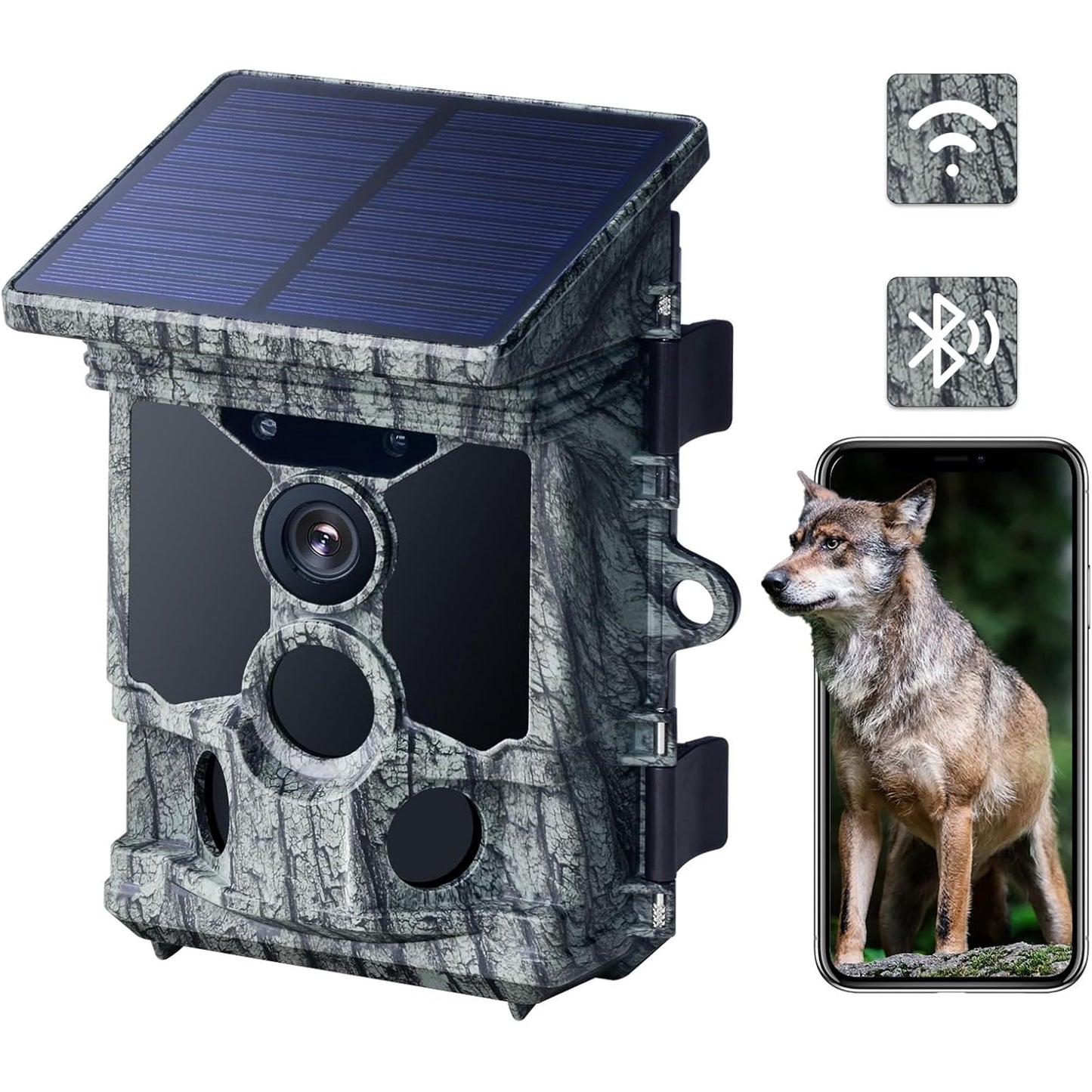 CAMPARK Solar Trail Camera - 112MP 4K Native 30FPS, WiFi Bluetooth Game Camera with 120°Wide-Angle Motion Activated Night Vision 0.1s Trigger Time IP66 Waterproof for Wildlife Monitoring