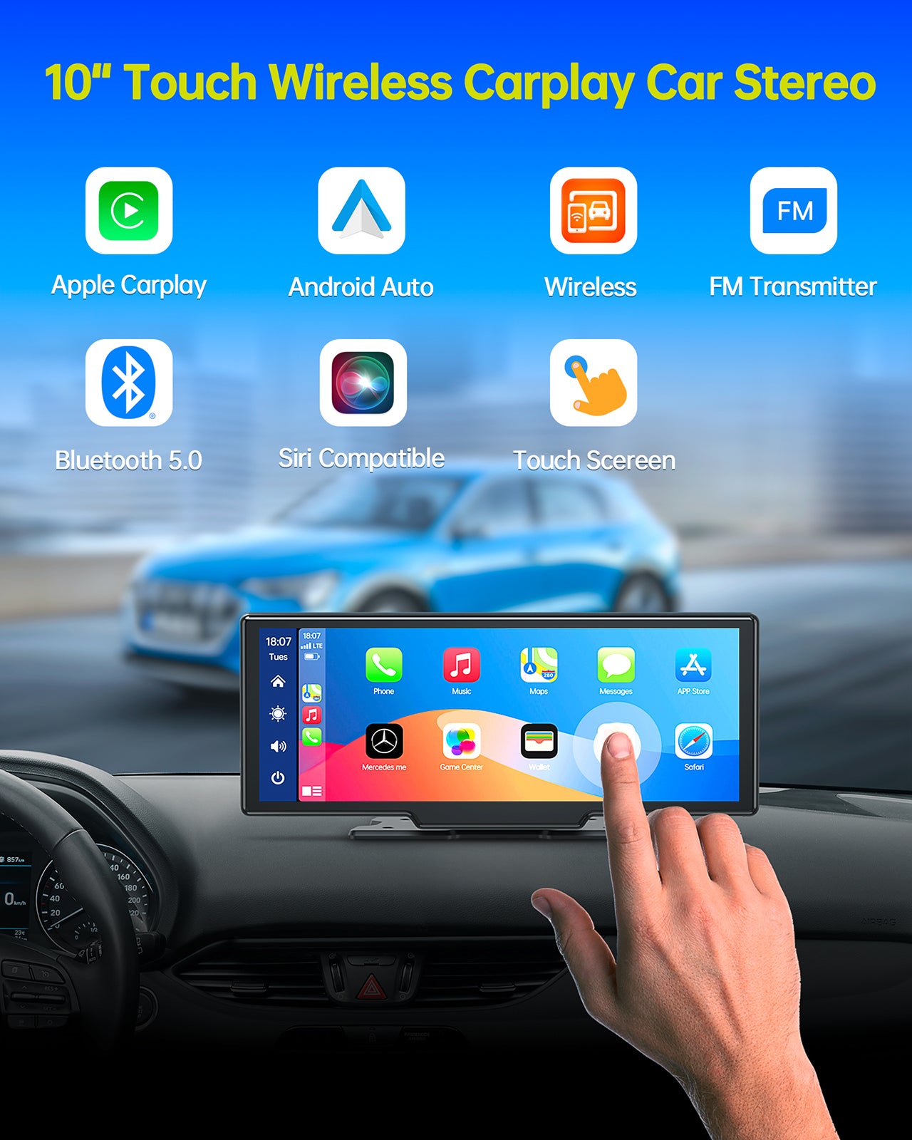 Autoradio Lamtto 9,26" avec écran tactile, prise en charge de la caméra de recul, sans fil, Apple Carplay, Android Auto, récepteur radio portable pour voiture, Bluetooth, fréquence FM, commande vocale