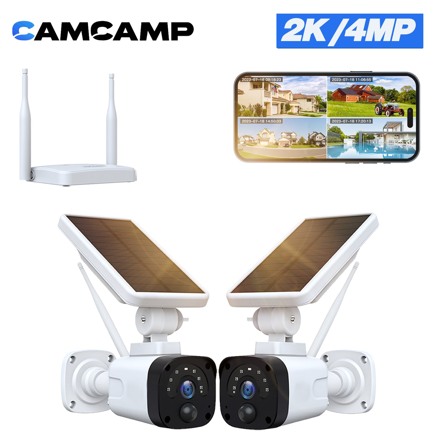 CAMCAMP 2K/4MP Solar Security Camera with Base Station Wireless Outdoor Camera, Waterproof PIR Detection, Home Surveillance System Camera