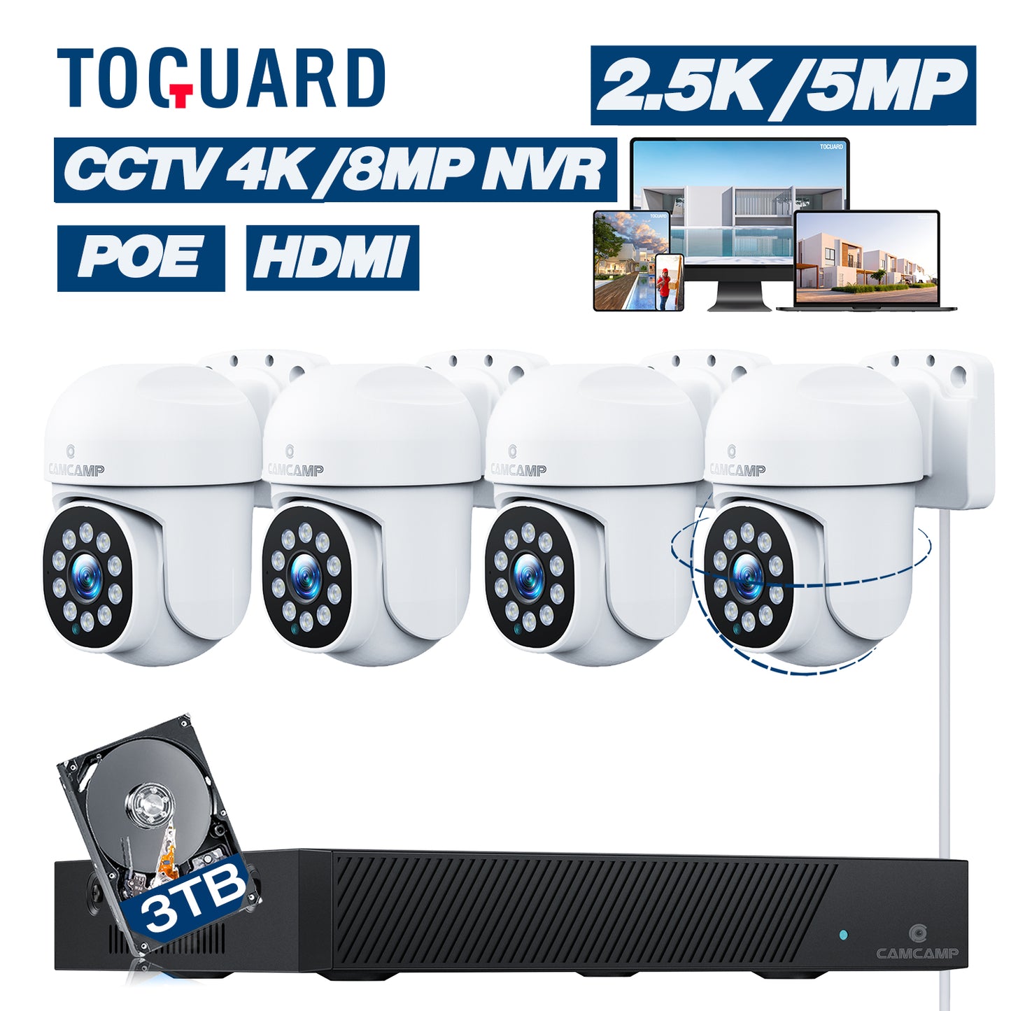 TOGUARD SC36 5MP POE Security Camera System Outdoor with 4K 8CH Expandable CCTV NVR 4Pcs 2.5K PTZ Dome Surveillance Cameras 3TB Hard Drive HDMI Connector