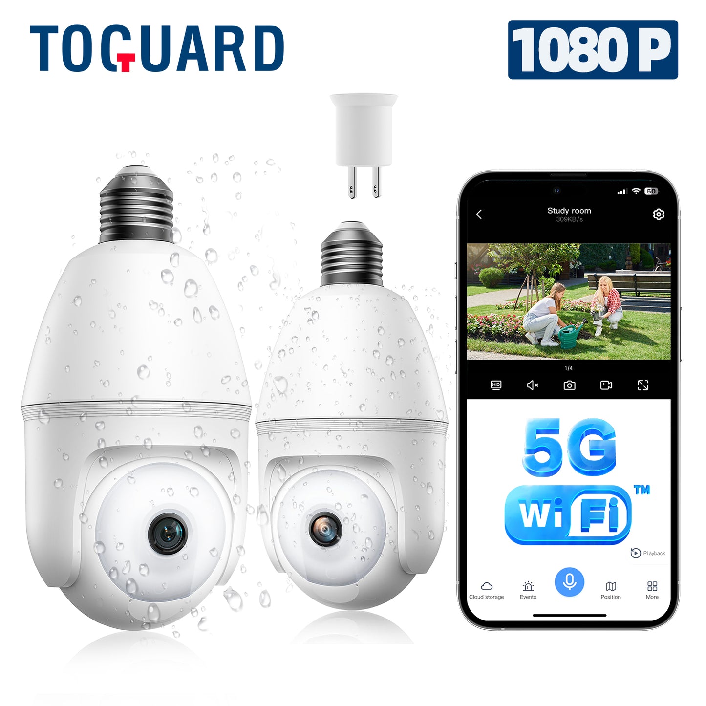 Toguard SC47 2 pack 1080P Light bulb Security Camera with Auto Tracking E27 PTZ Dual Lens Security Camera Outdoor 2-Way Audio IP65 Waterproof