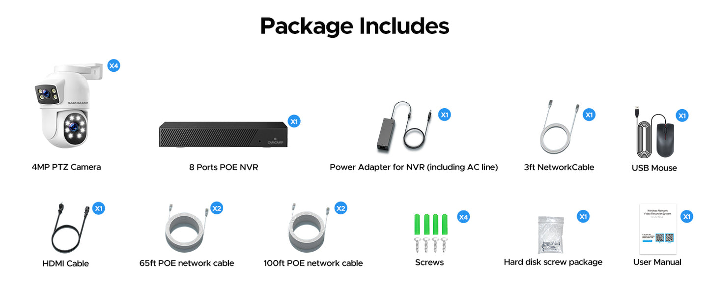 TOGUARD SC52 P POE Security Camera System Outdoor with 8CH Expandable CCTV NVR 4Pcs 4K PTZ Dome Surveillance Cameras 3TB Hard Drive HDMI Connector