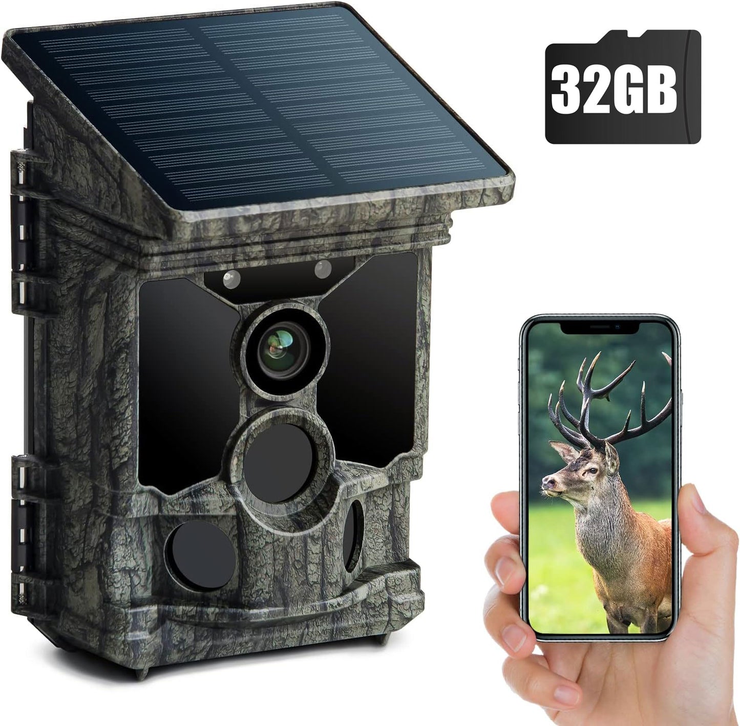 CAMPARK Trail Camera Solar Powered with SD Card, 46MP 4K 30FPS WiFi Bluetooth Game Camera with 120°Wide-Angle Motion 3 PIR Sensor 0.1s Trigger Time Trail Camera with Night Vision IP66 Waterproof