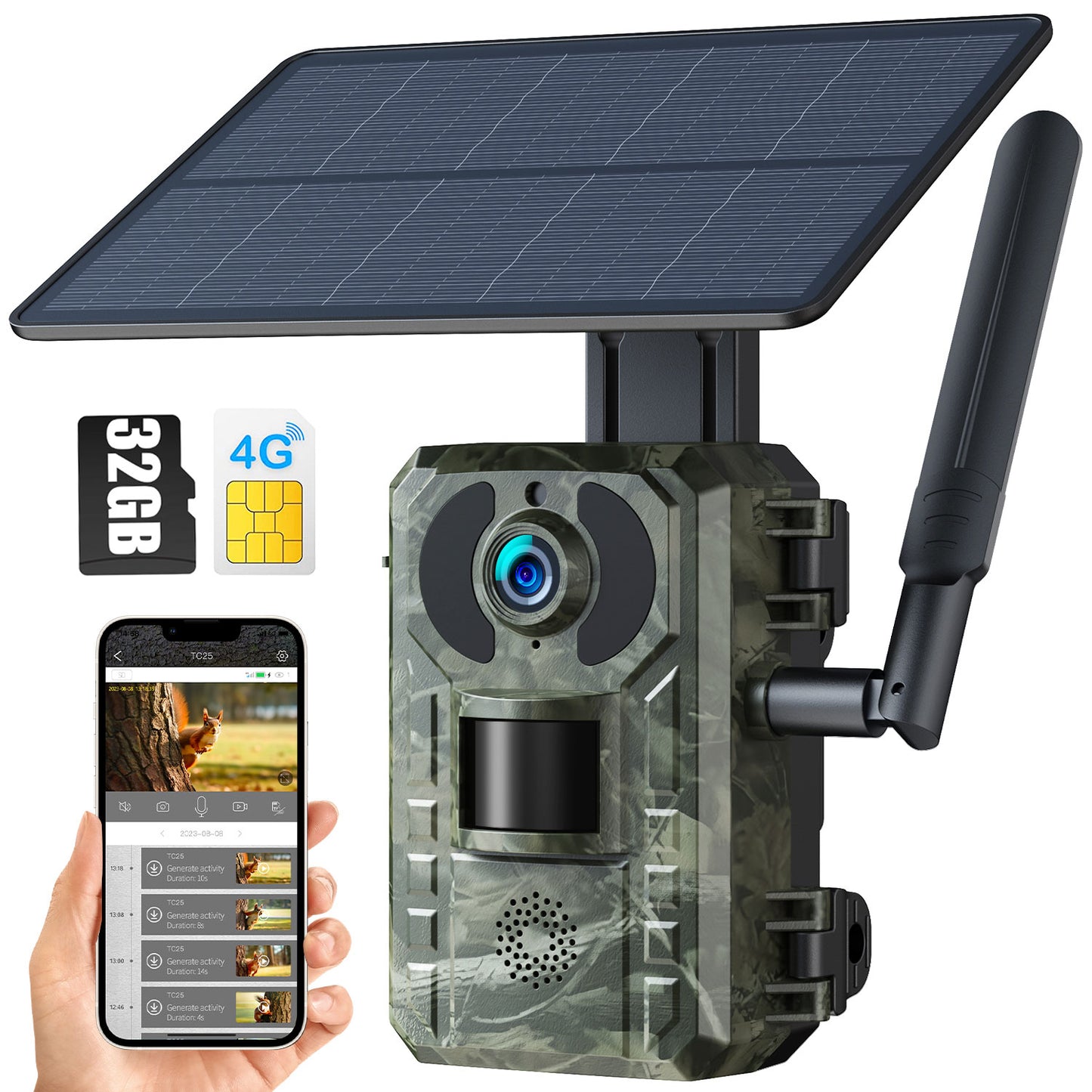 Caméra de chasse solaire cellulaire CAMPARK 4G avec carte SD, caméra de chasse 2,5K 14MP avec vue en direct et alertes de mouvement, vision nocturne sans lueur 940 nm et étanchéité IP66 pour la surveillance de la faune
