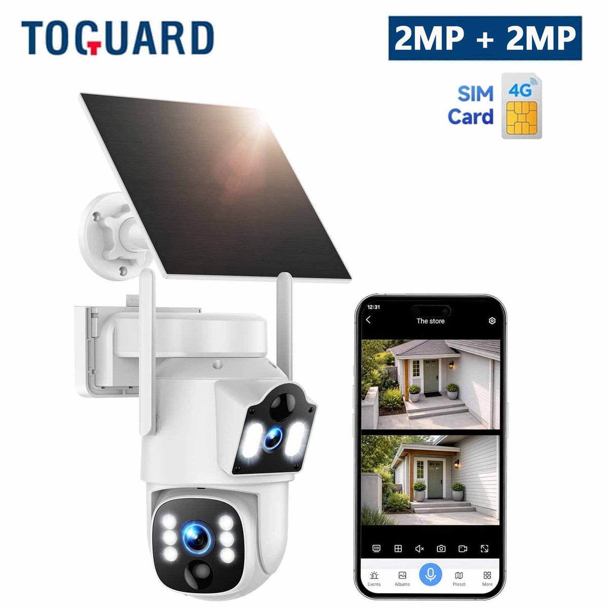 Toguard Cellular Solar Security Camera Dual Lens 360° View Outdoor Camera, 4MP with Color Night Vision 2-Way Audio Human Auto Tracking No WiFi Needed