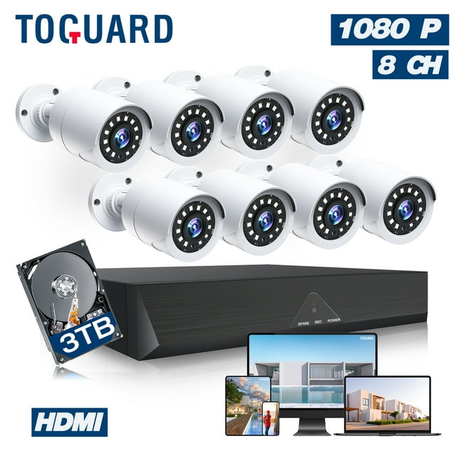 Toguard SC35 Système de caméra de sécurité CCTV 8 canaux extérieur avec disque dur 3 To 8 caméras de surveillance Bullet 1080P connecteur HDMI