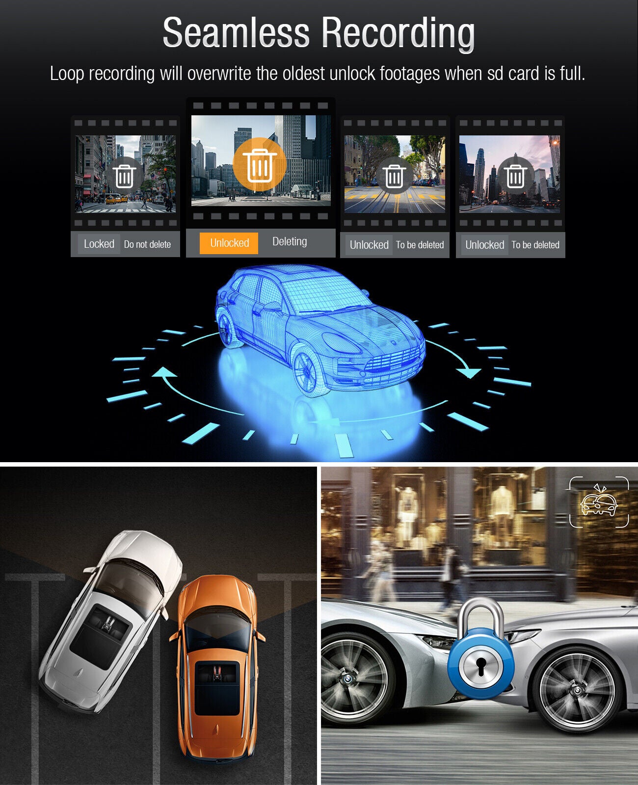 Caméra de tableau de bord double TOGUARD 1080P avant et intérieure Écran LCD 3" Caméra de voiture avec vision nocturne IR Moniteur de stationnement, G-Sensor, enregistrement en boucle