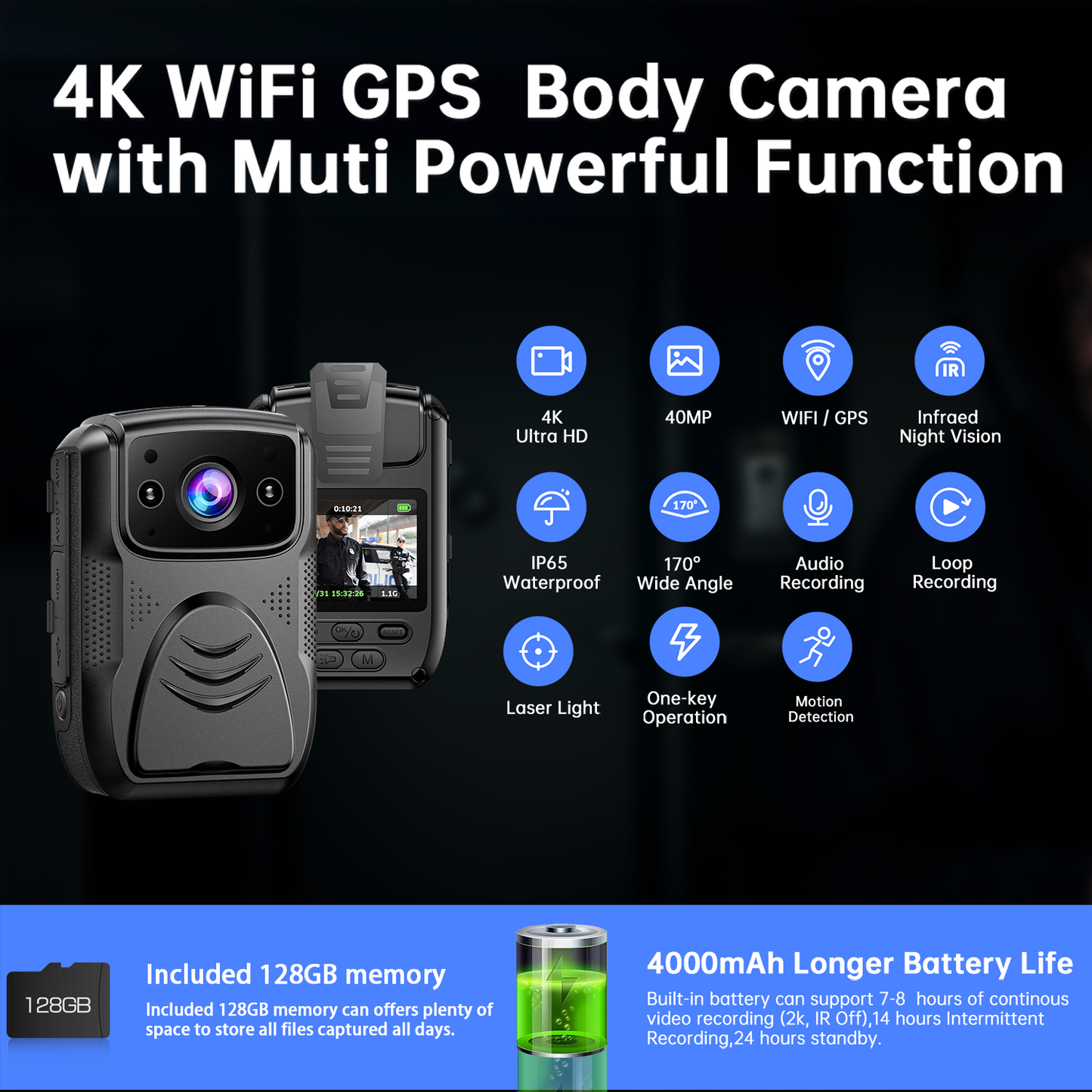 Campark 4K 40MP Body Camera Waterproof with Audio and Video Recording 170° Wide-Angle IR Night Vision with GPS 128GB Card