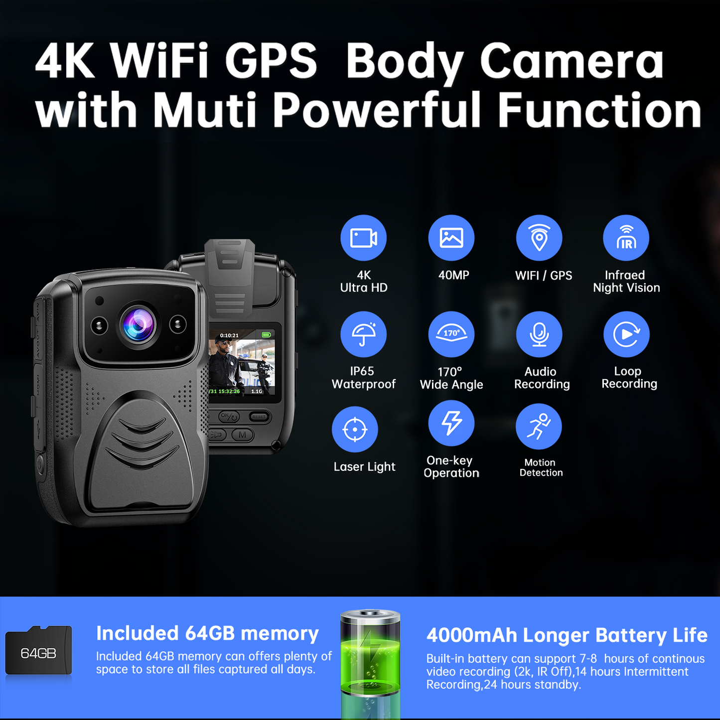 Campark 4K 40MP Body Camera Waterproof with Audio and Video Recording 170° Wide-Angle IR Night Vision with GPS 64GB Card