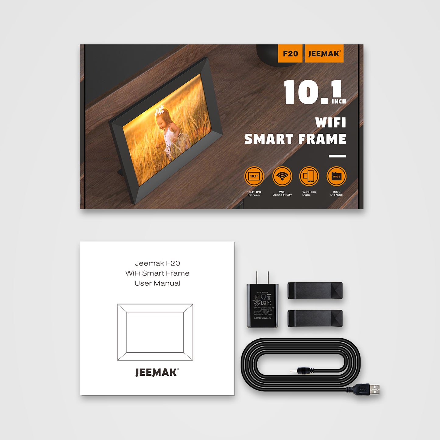 Cadre photo numérique intelligent Jeemak 10" WiFi HD IPS Écran tactile Configuration facile pour partager des clips vidéo et des photos Montage mural Rotation automatique Stockage intégré de 16 Go