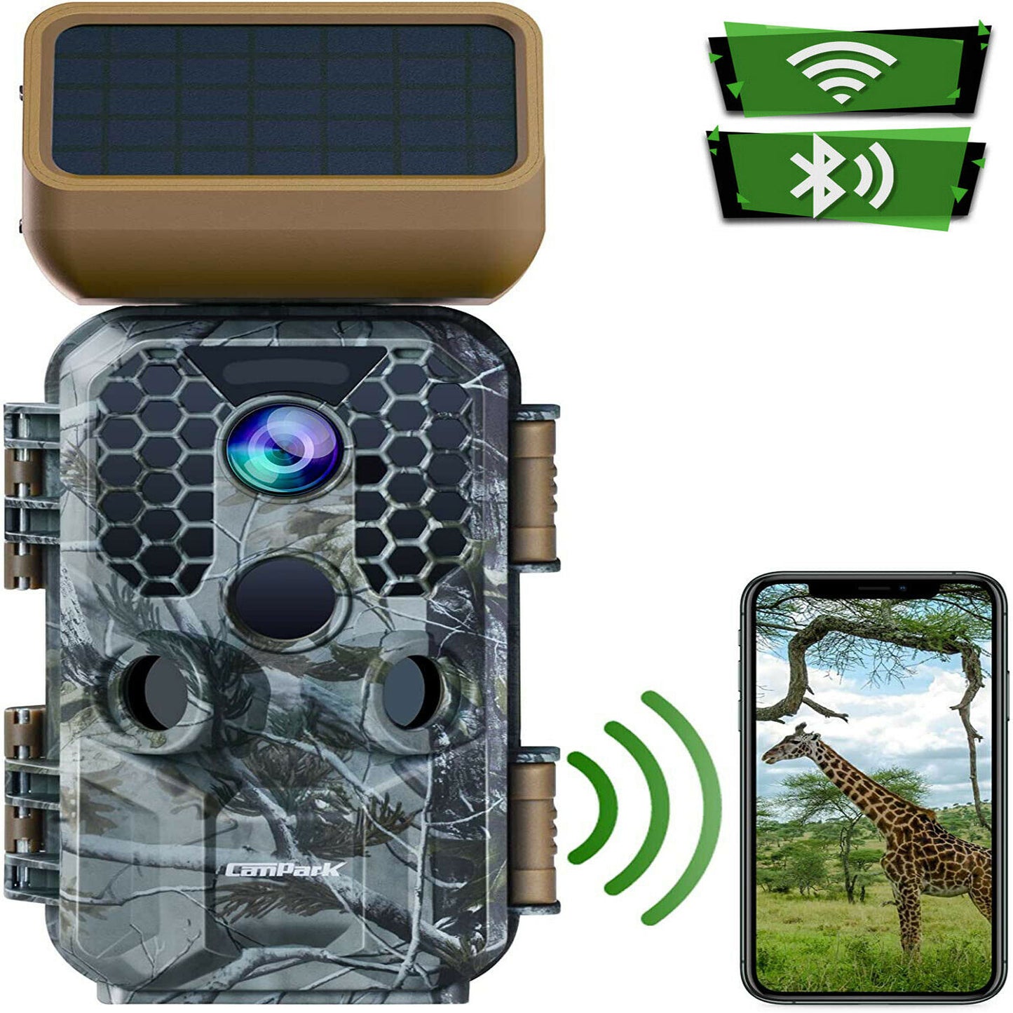 CAMPARK Solar Powered Trail Camera 4K Native 30MP WiFi Game Camera with Night Vision Motion Activated Waterproof Hunting Trail Cam MP4 Video Deer Camera for Wildlife Monitoring