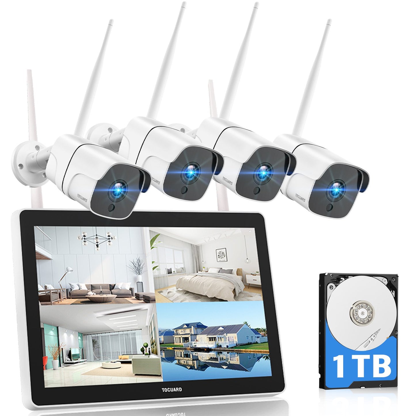 Système de caméra de sécurité sans fil Toguard W400 1080P avec moniteur LCD 12 pouces, 8 canaux NVR 4 pièces WiFi caméra de surveillance extérieure à domicile
