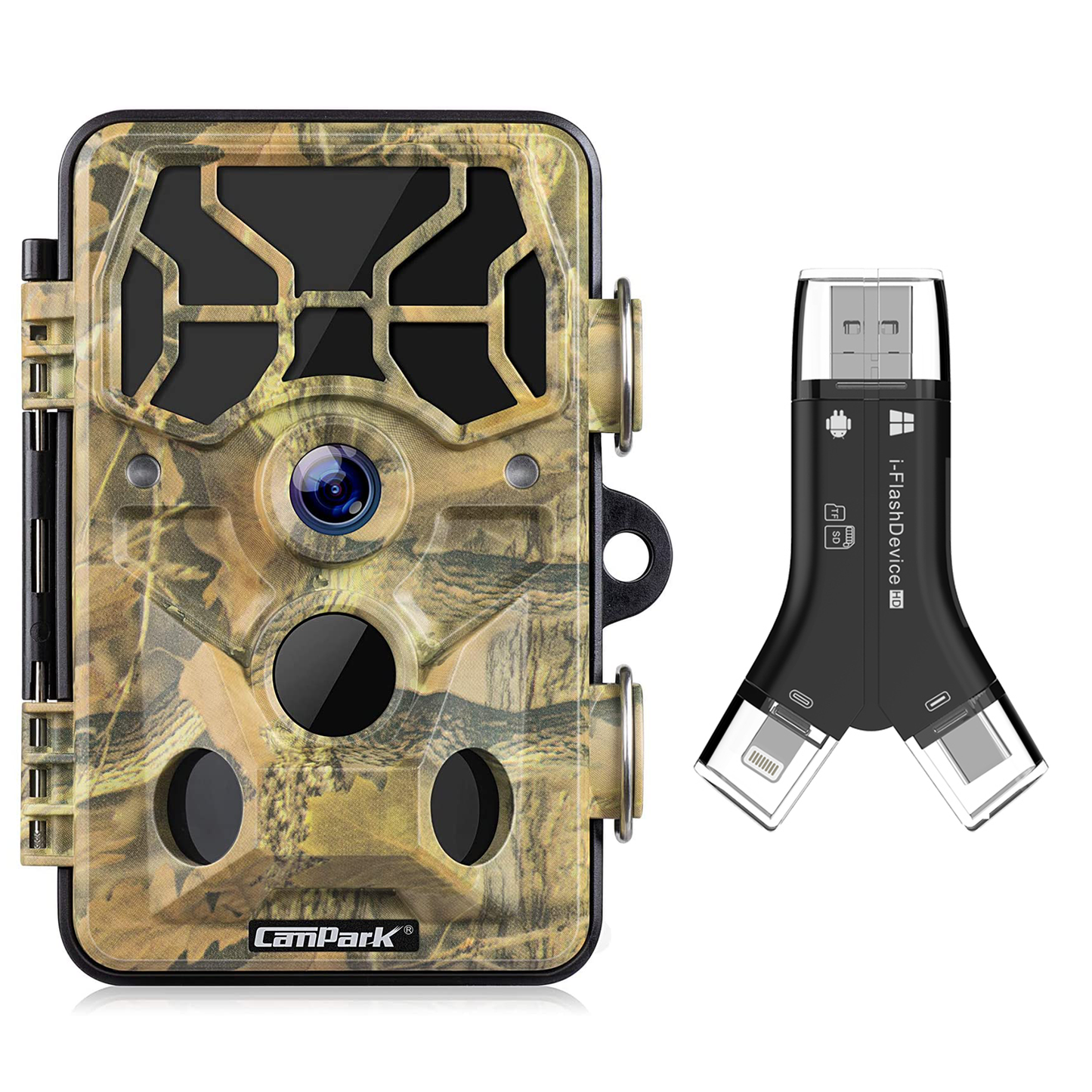 Caméra de surveillance WiFi CAMPARK et lecteur de carte mémoire SD 20 MP 1296 P Caméra de chasse au cerf Vision nocturne IP66 étanche, 3 capteurs infrarouges Caméra de surveillance pour la faune