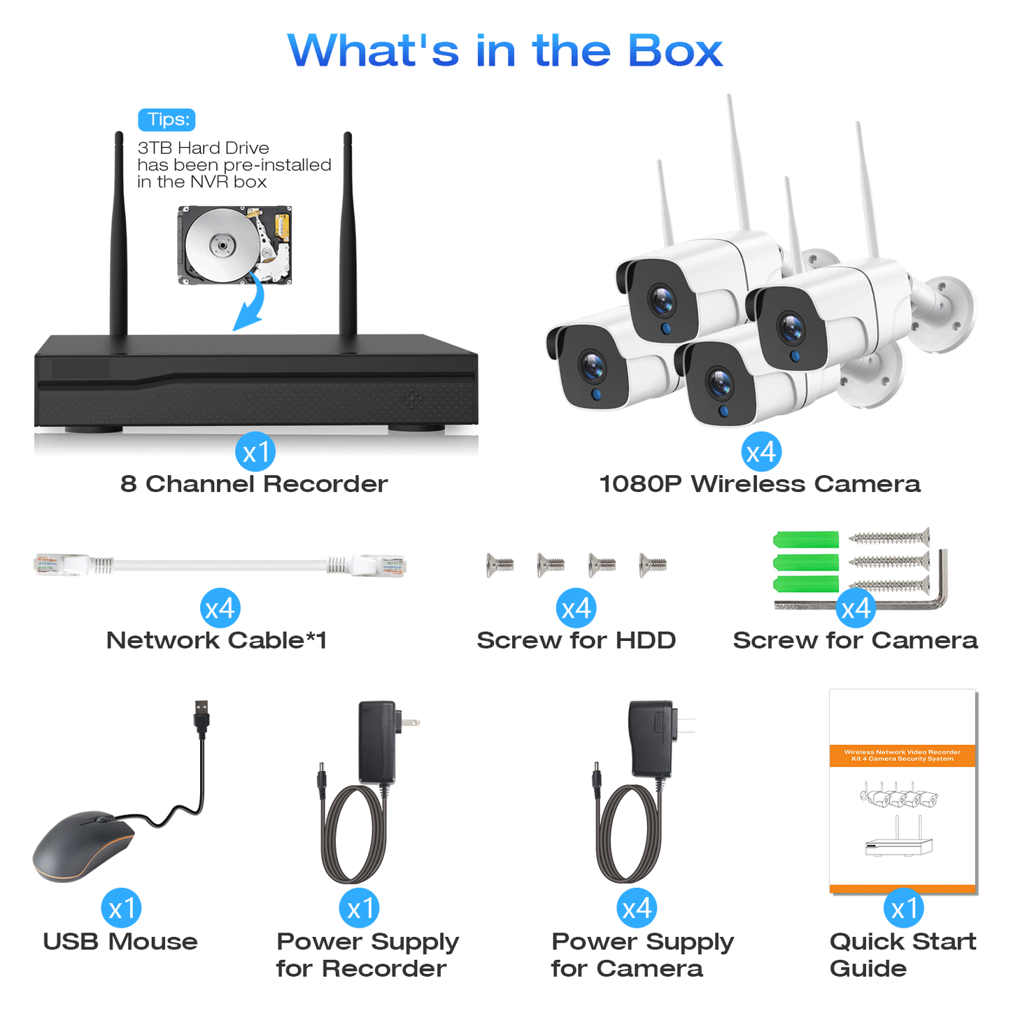 TOGUARD Wireless Security Camera System, 3TB Hard Drive Pre-Installed HD 1080P Security Camer Outdoor for Home Security, IP Bullet Camera 8CH NVR System with 4pcs Cameras, IP66 Waterproof