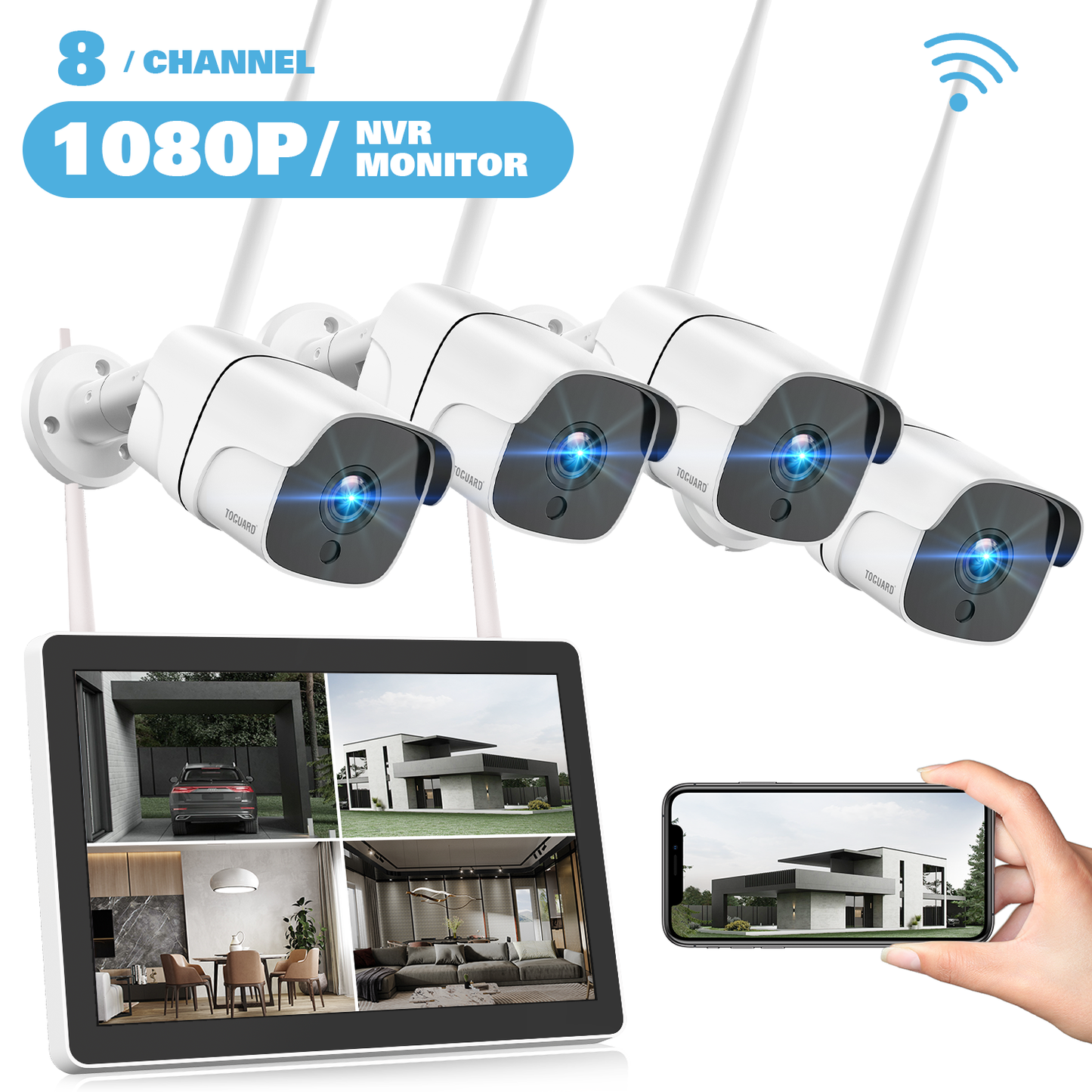 TOGUARD 1080P Wireless Security Camera System with 12" Monitor & 3TB Hard Drive