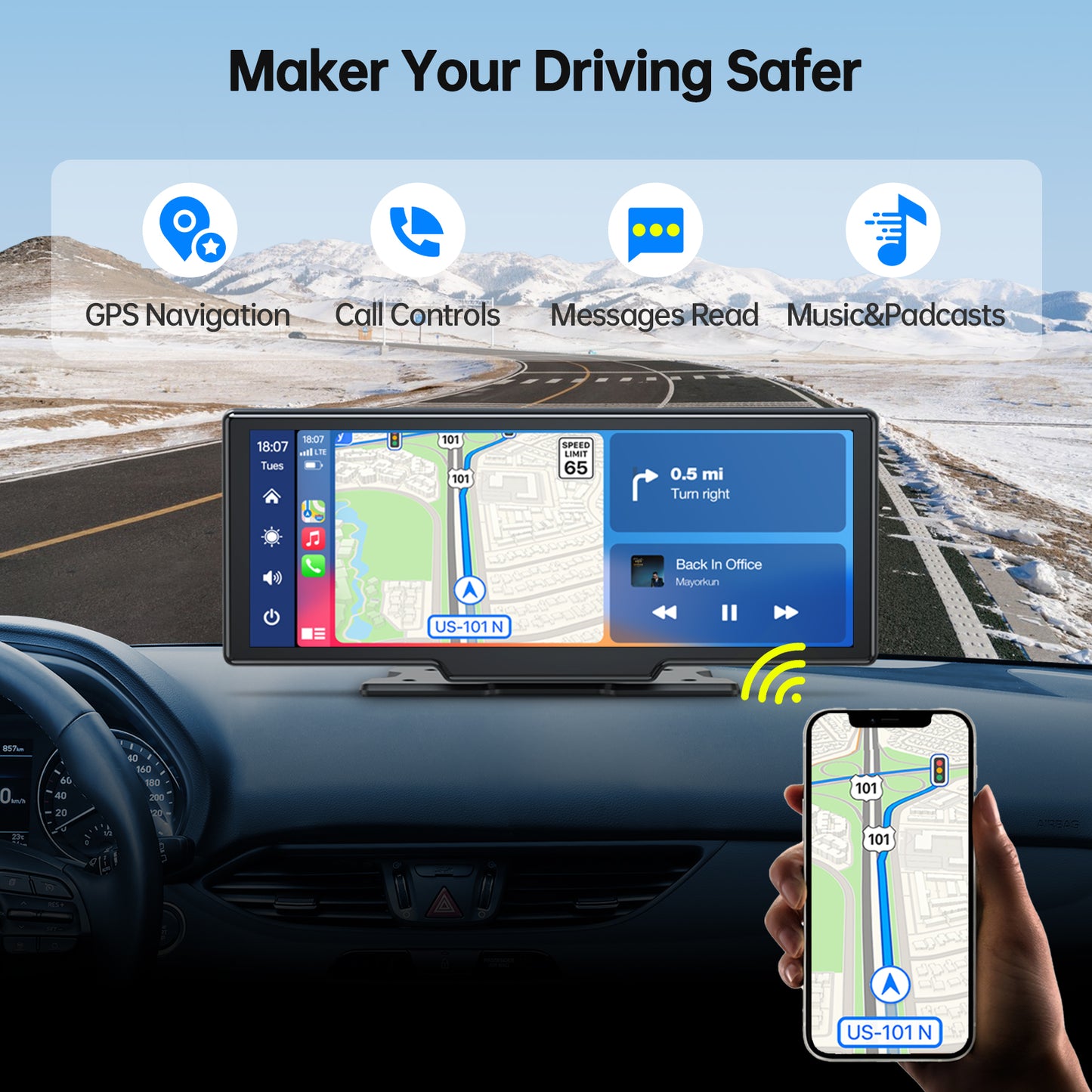 Autoradio stéréo sans fil TOGUARD avec écran tactile de 10 pouces, récepteur de navigation GPS, audio avec Apple Carplay, Android Auto