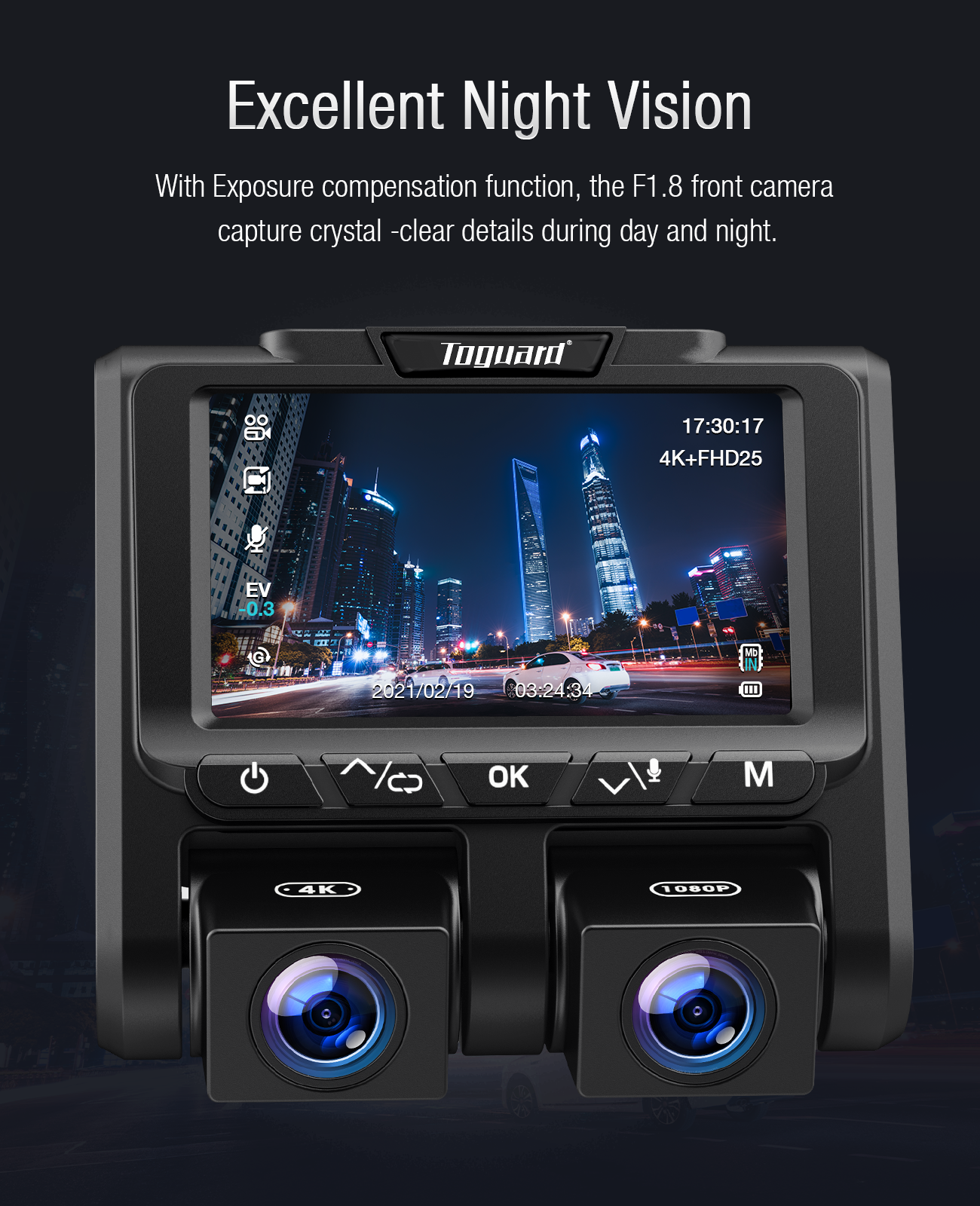 Caméra de tableau de bord 4K TOGUARD 4K + 1080P Dash Cam avant et intérieur Écran LCD 3" Caméra de voiture Enregistrement en boucle Mode de stationnement Capteur G