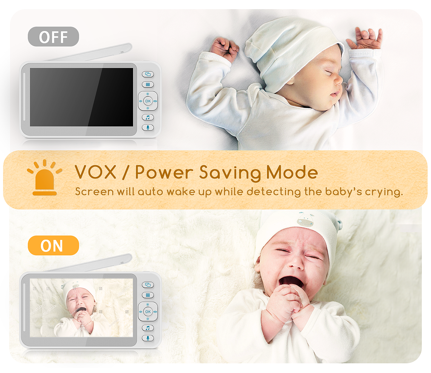 CAMPARK Video Baby Monitor with 4.3" LCD Split Screen, 2 Cameras, Two-Way Talk, Night Vision, VOX Mode, 8 Lullabies, Temperature Monitor