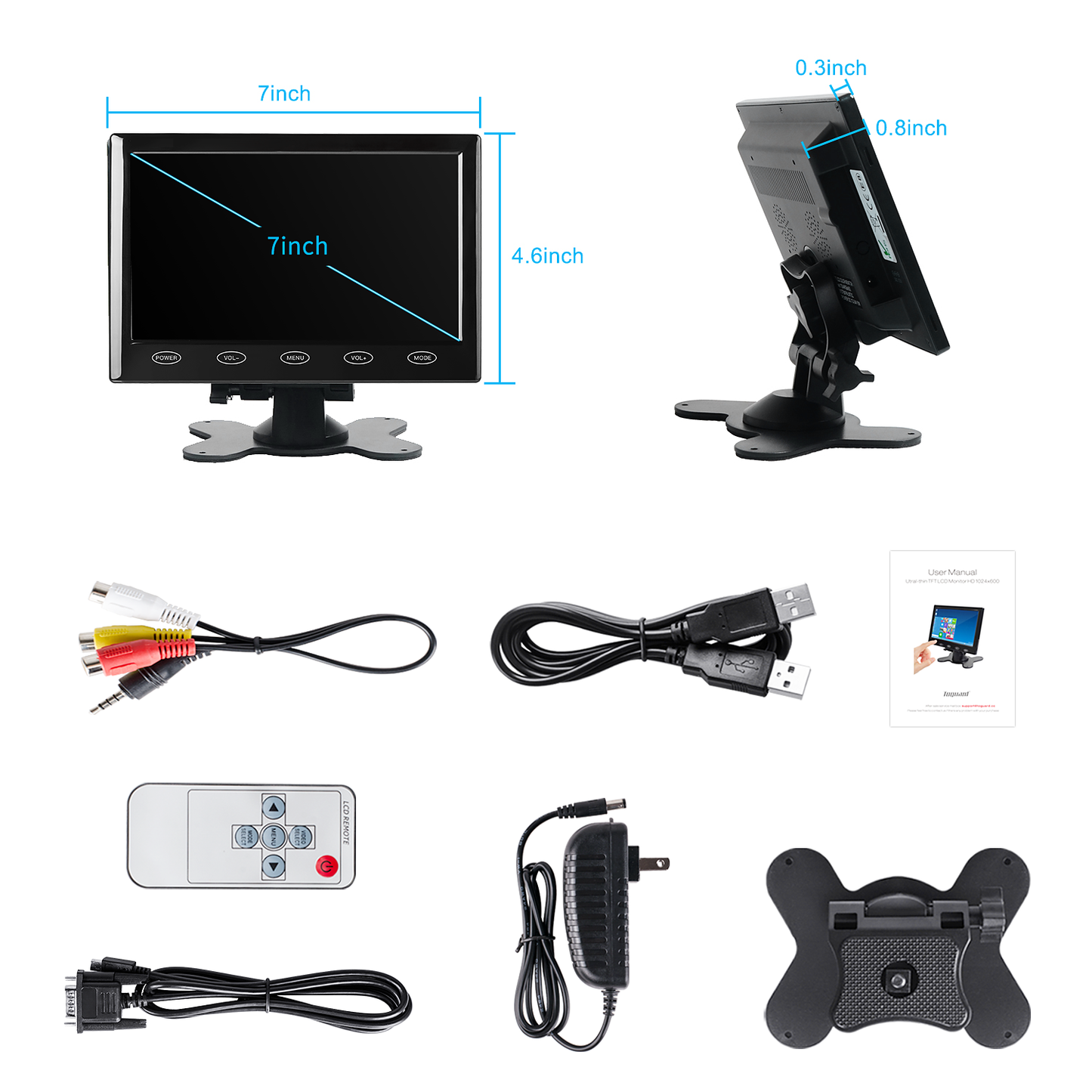 TOGUARD 7 pouces IPS Petit moniteur de sécurité CCTV HD 1024x600 Moniteur HDMI portable avec entrée AV/VGA, touches tactiles, haut-parleurs intégrés, télécommande pour Raspberry Pi PC