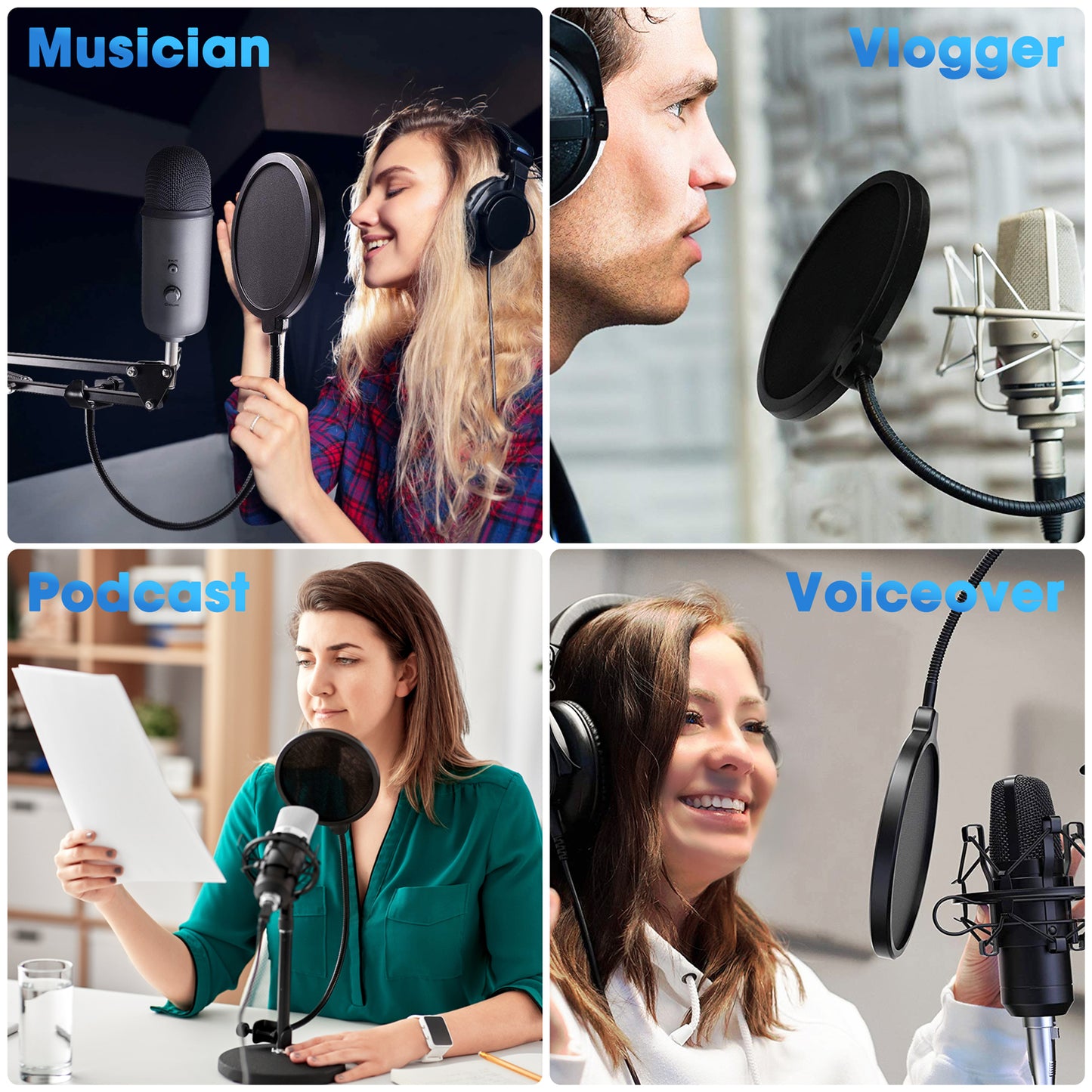JEEMAK Professional Microphone Pop Filter Mask Shield For Blue Yeti and Any Other MIC, Dual Layered Wind Pop Screen With A Flexible 360° Gooseneck Clip Stabilizing Arm