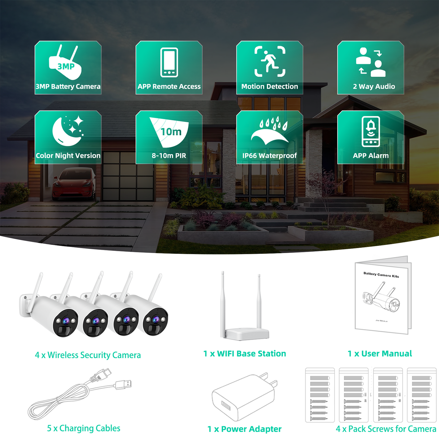 Toguard 3MP Wireless Security Camera System 8000mAh Battery WIFI Outdoor Security Camera System Support Solar Operated (not included) Color Night Vision 2-Way Audio