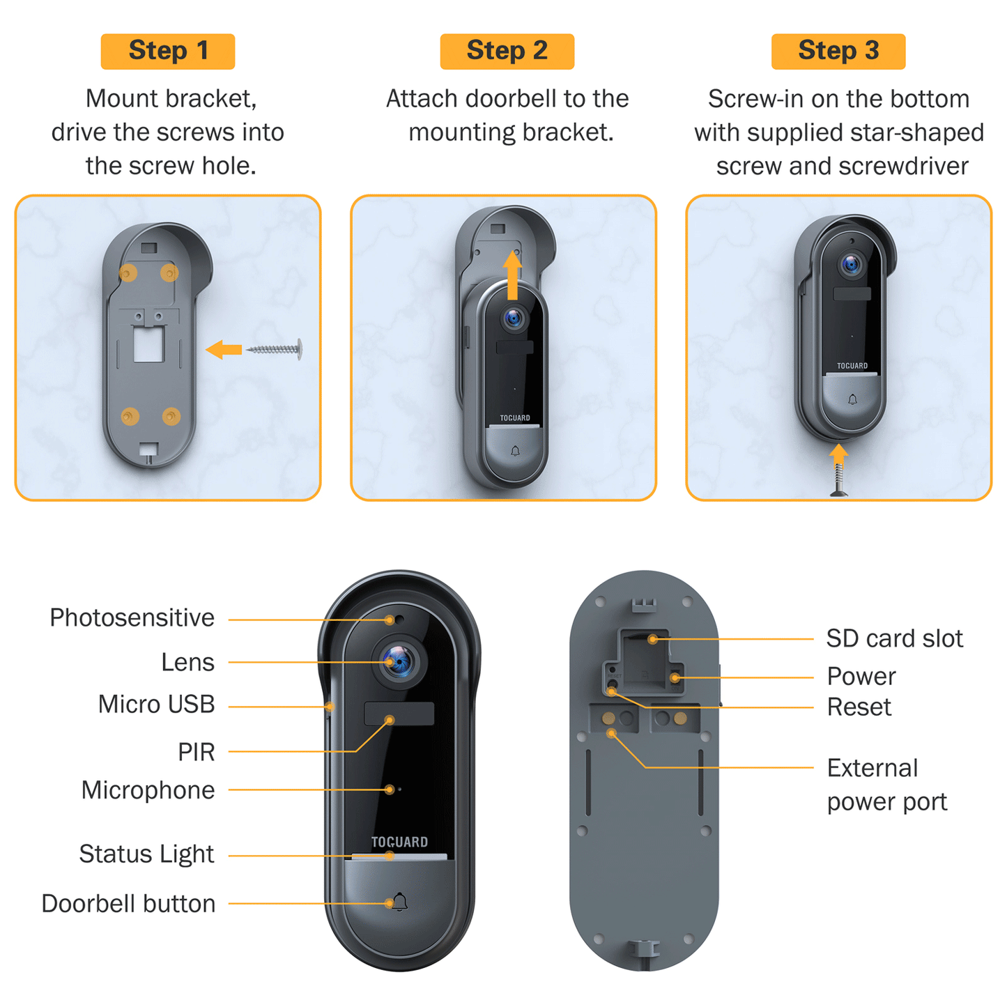 Caméra de sonnette vidéo sans fil TOGUARD, caméra de sonnette de sécurité WiFi Geekee 1080P avec carillon intérieur, capteur de détection de mouvement, vision nocturne IR, étanchéité IP66, audio bidirectionnel
