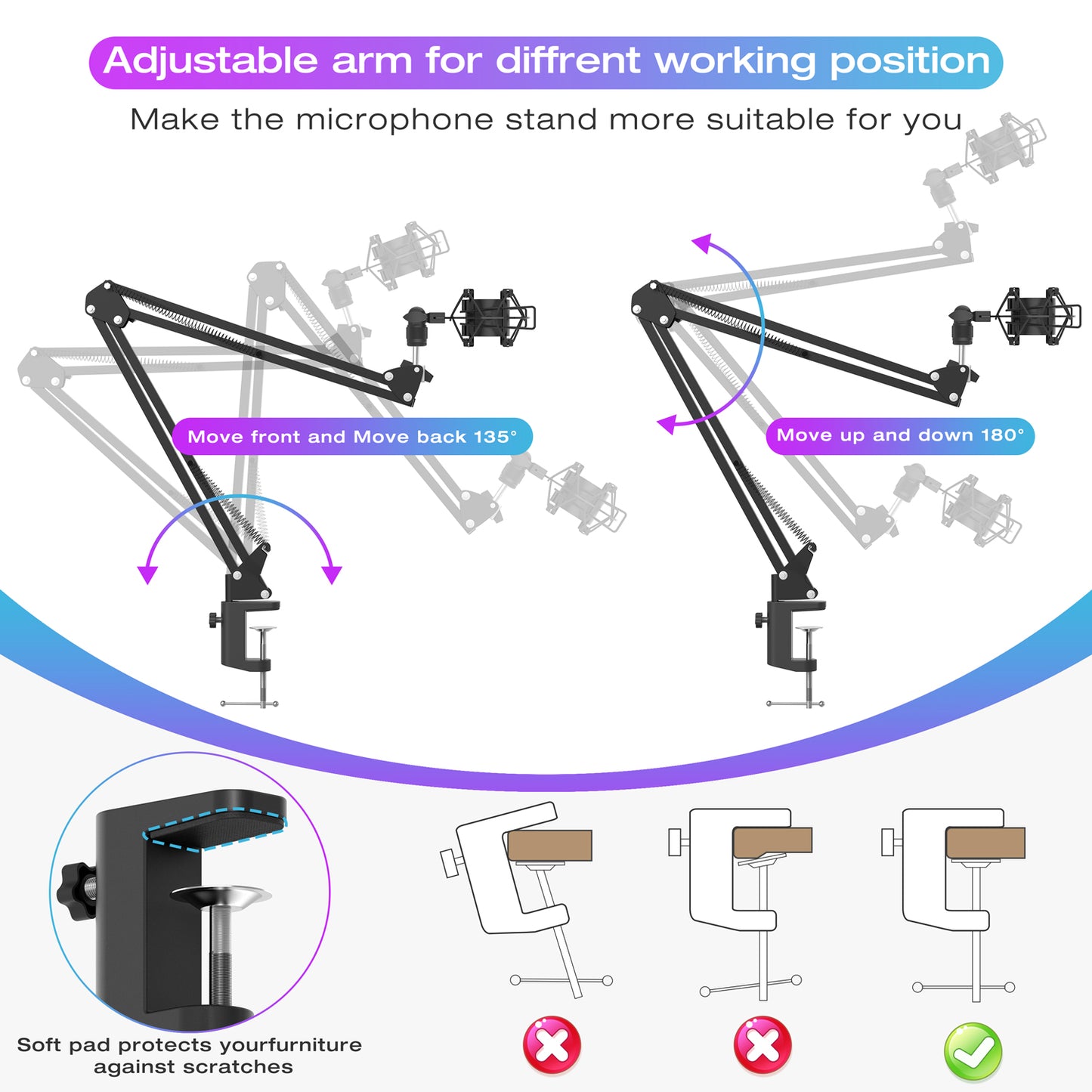 JEEMAK Microphone Stand Kit, Adjustable Suspension Boom Arm Scissor Mic Stand with Pop Filter,Shock Mount, Foam Mic Cover for Studio Blue Yeti