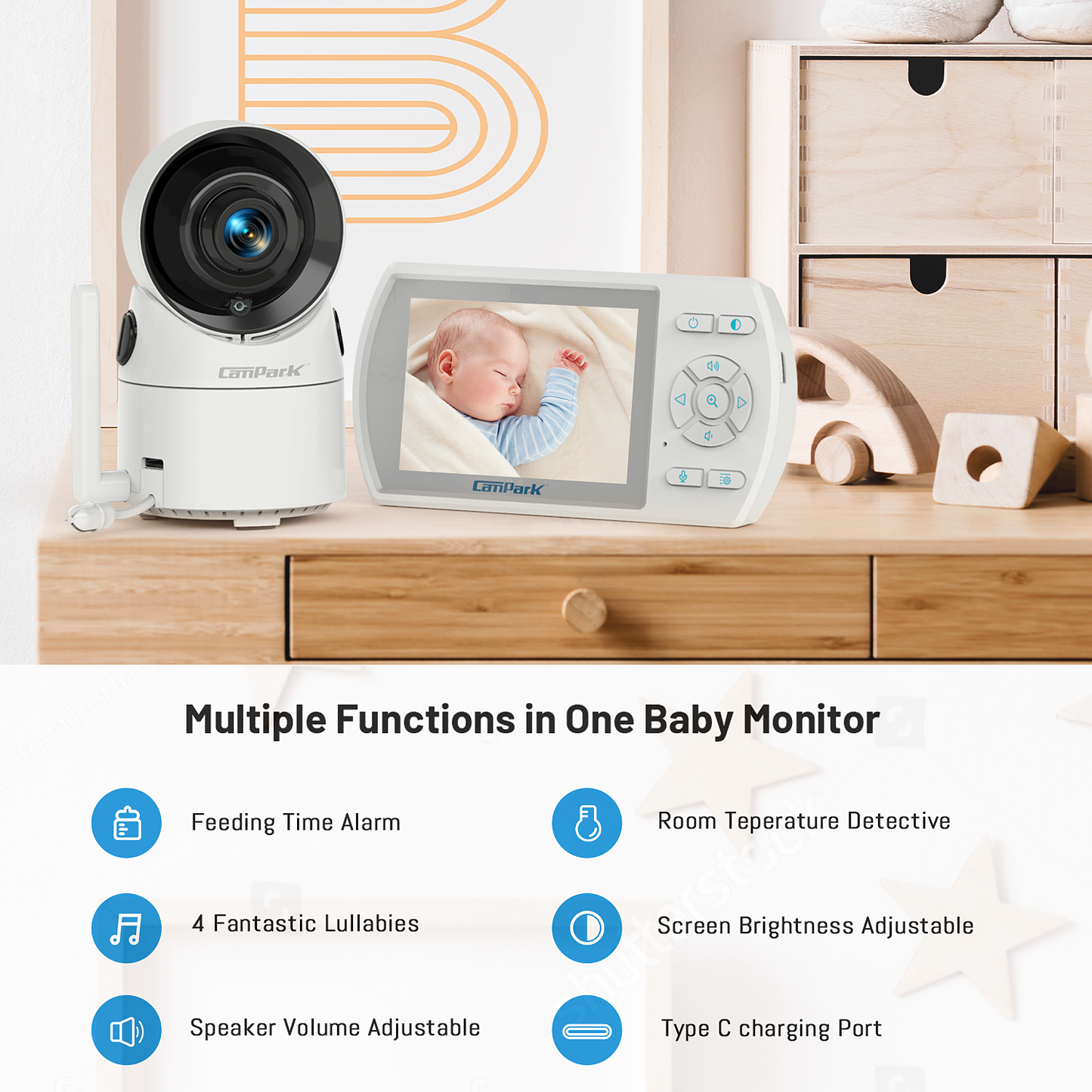 CAMPARK Babyphone Pan-Zoom Écran LCD 3,5" Caméra vidéo Conversation bidirectionnelle Audio VOX Vision nocturne infrarouge Télécommande Audio Vidéo Surveillance de la température