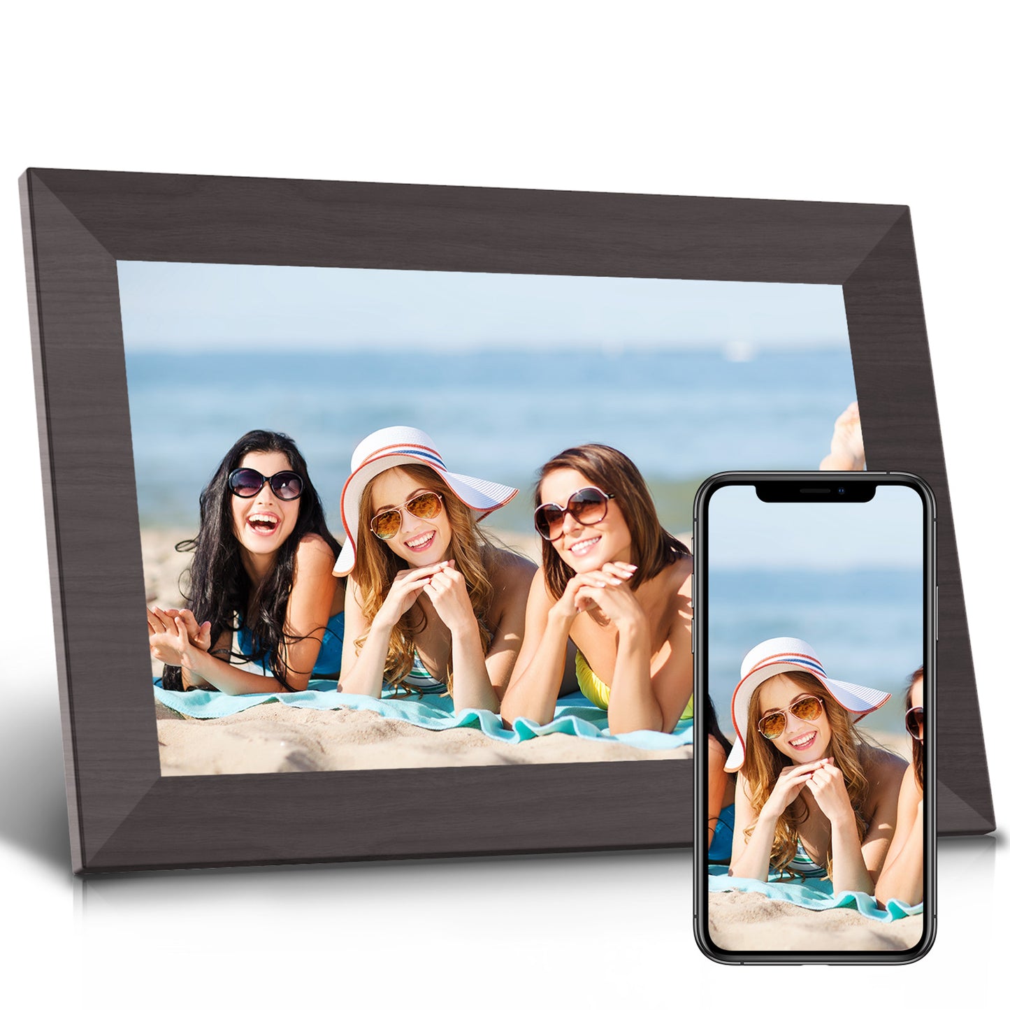 Cadre photo numérique JEEMAK 10,1" WiFi HD IPS Écran tactile Cadre photo intelligent Configuration facile pour partager des clips vidéo et des photos Montage mural Rotation automatique Couleur du grain du bois
