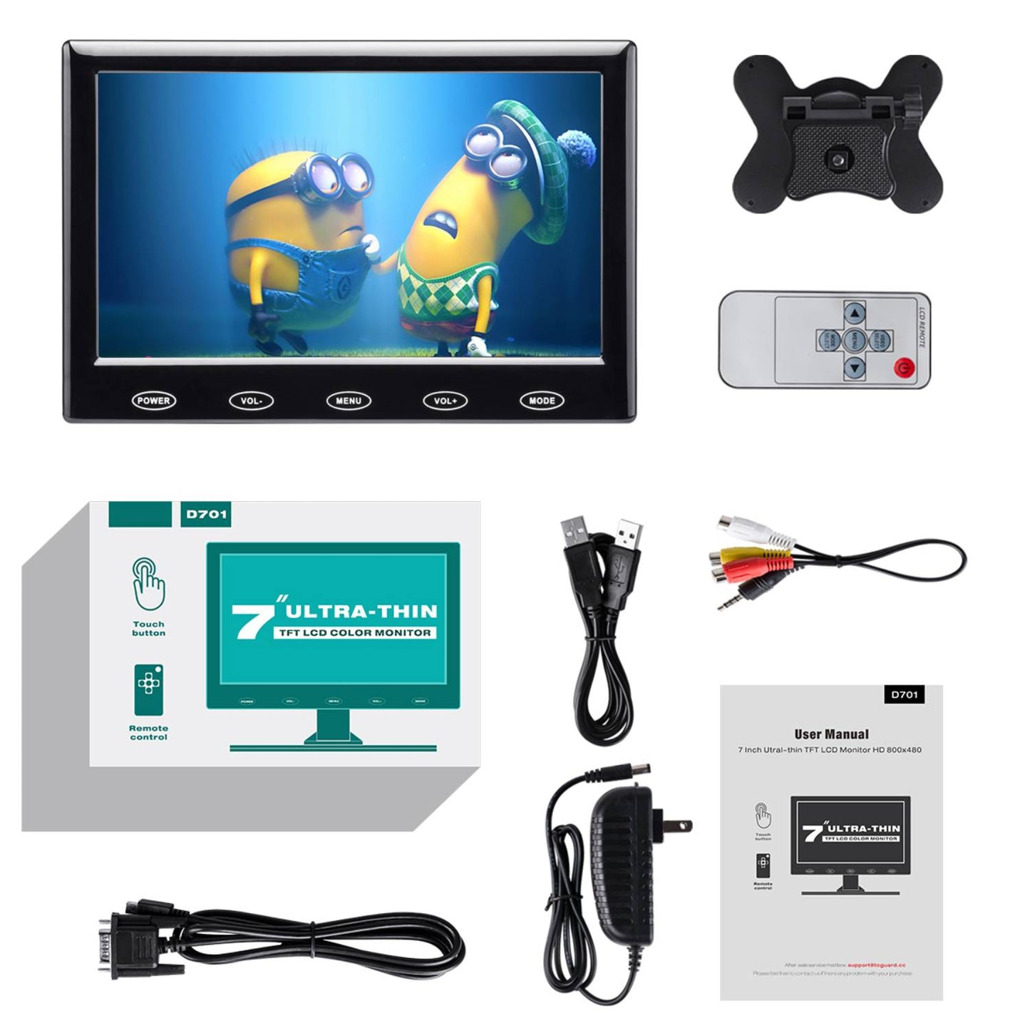 TOGUARD 7 inch Small Security Monitor 800x480 Resolution USB Powered Portable LCD Display Screen with Remote Control with Built-in Speakers AV VGA HDMI Input for Raspberry Pi PC Security Camera